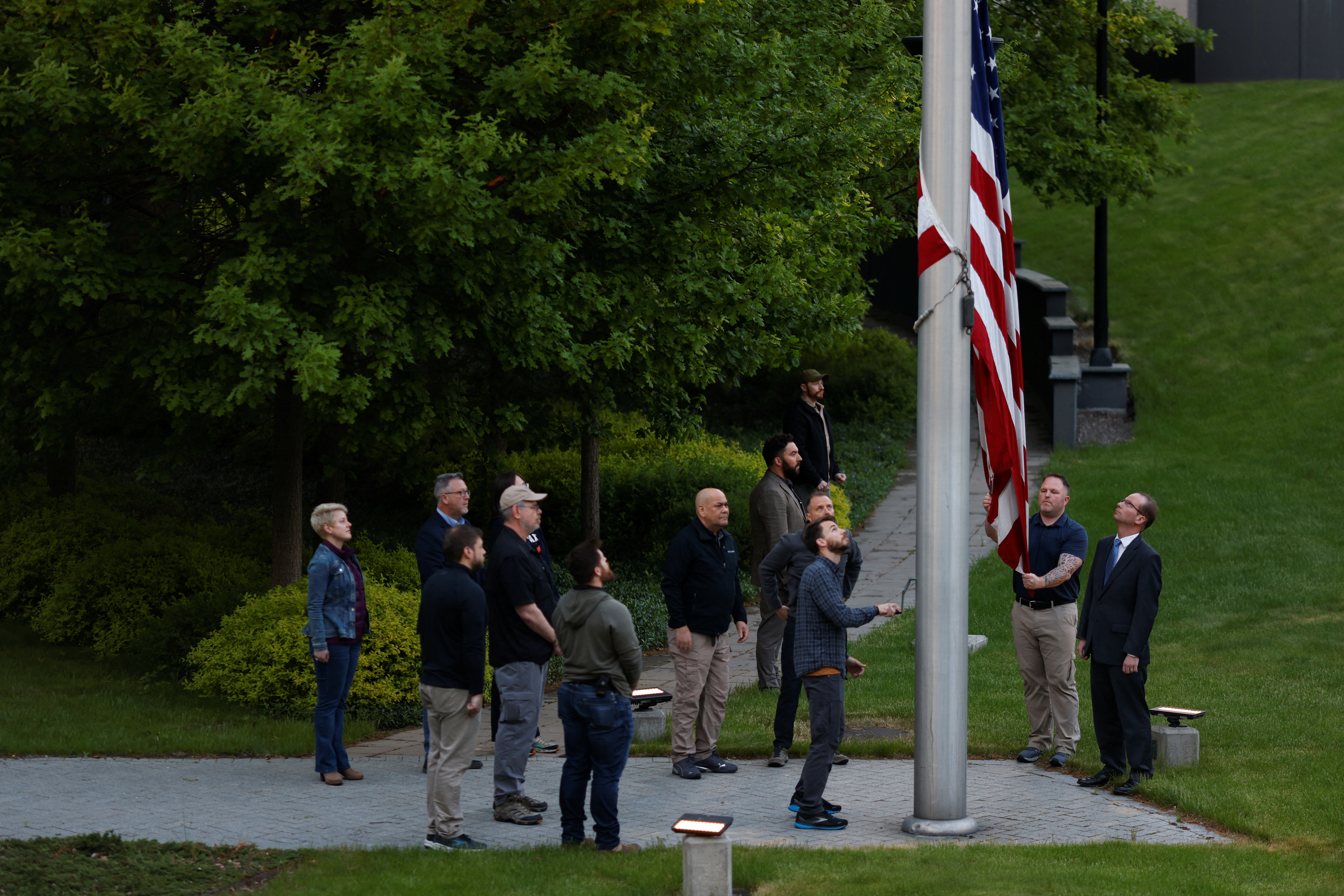 U.S flag is raised for the first time after American diplomats returned to the U.S embassy in Kyiv, amid Russia's invasion of Ukraine