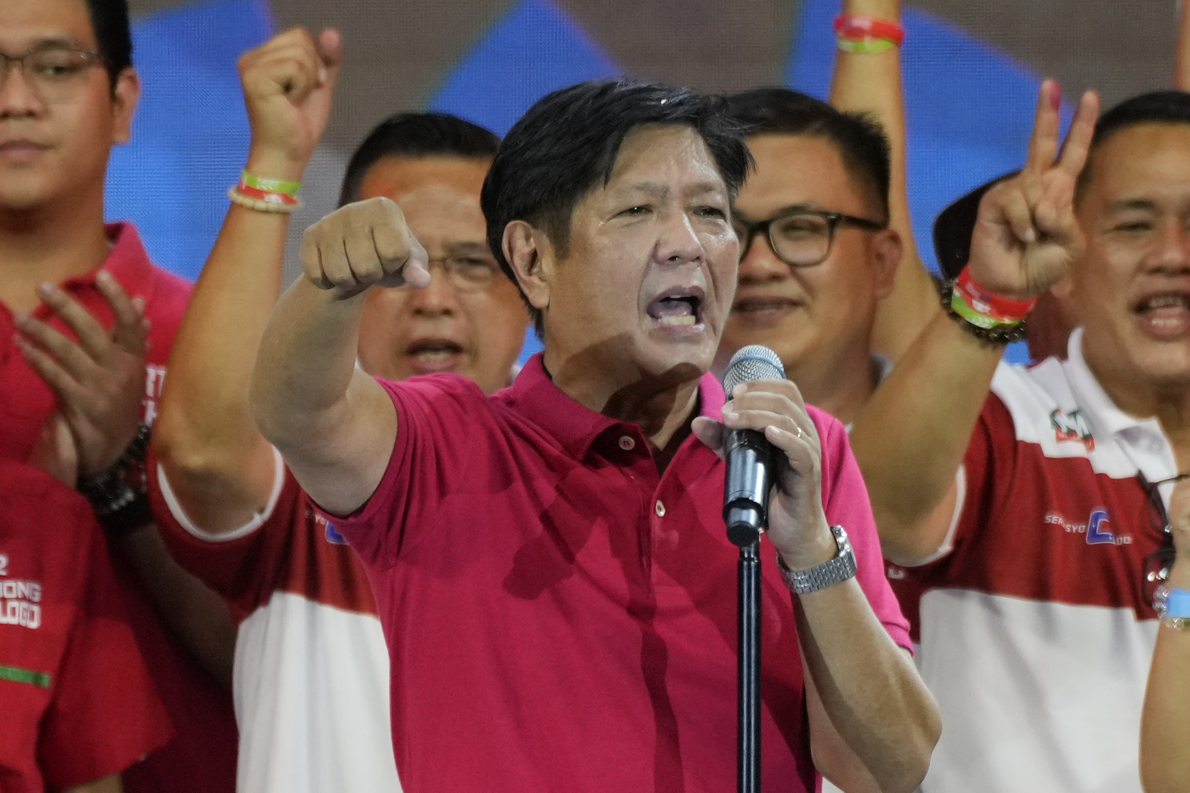 Ferdinand "Bongbong" Marcos Jr., the son of the late dictator, gestures as he greets the crowd during a campaign rally in Quezon City, Philippines on April 13, 2022.