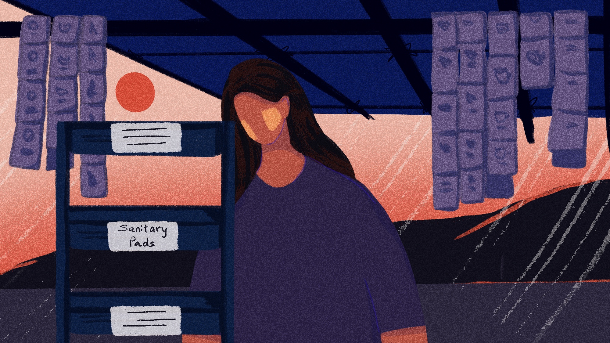 Illustration of a woman in Myanmar looking for sanitary pads in a shop