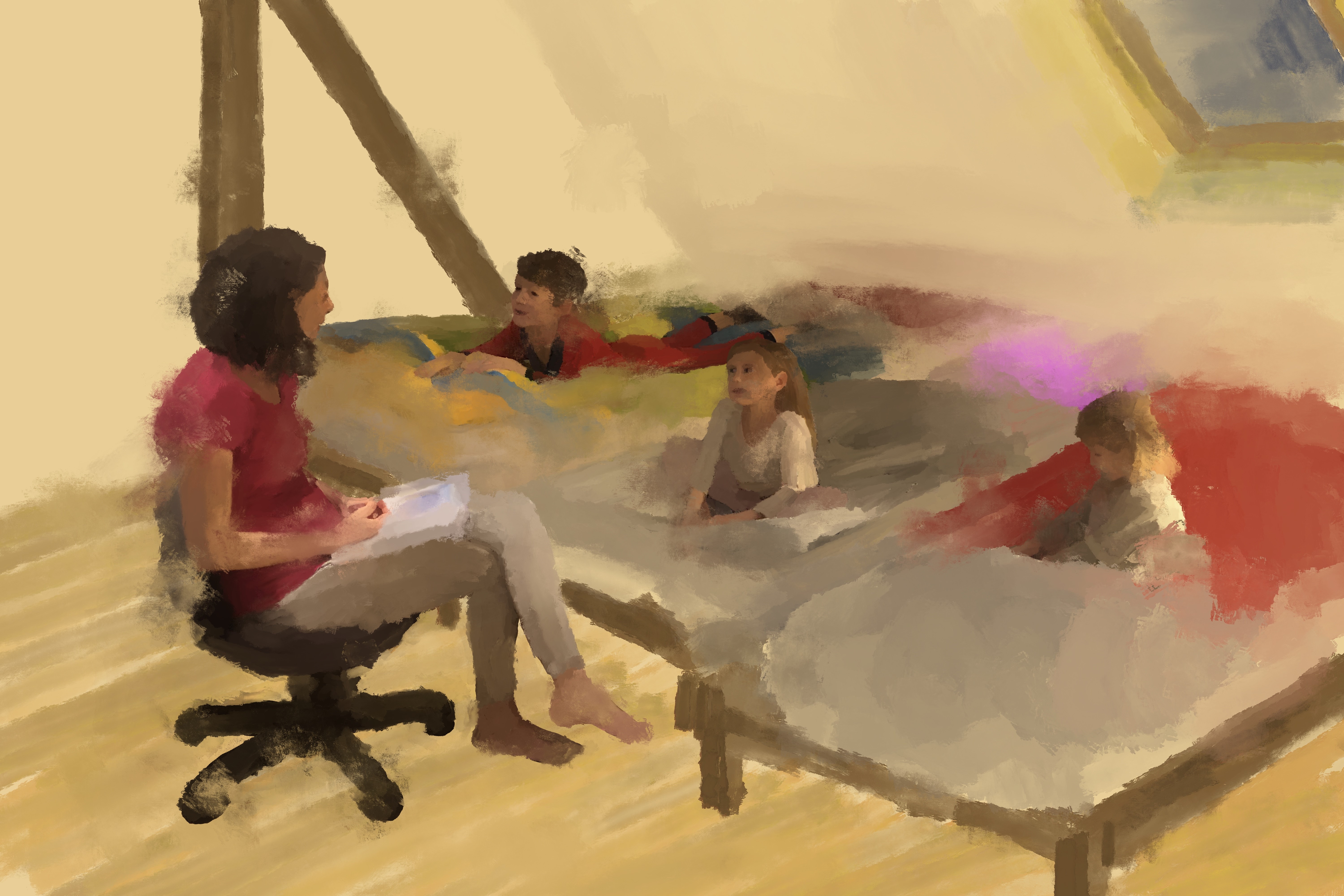 An illustration of a woman sitting in a chair in front of three beds with children in them.