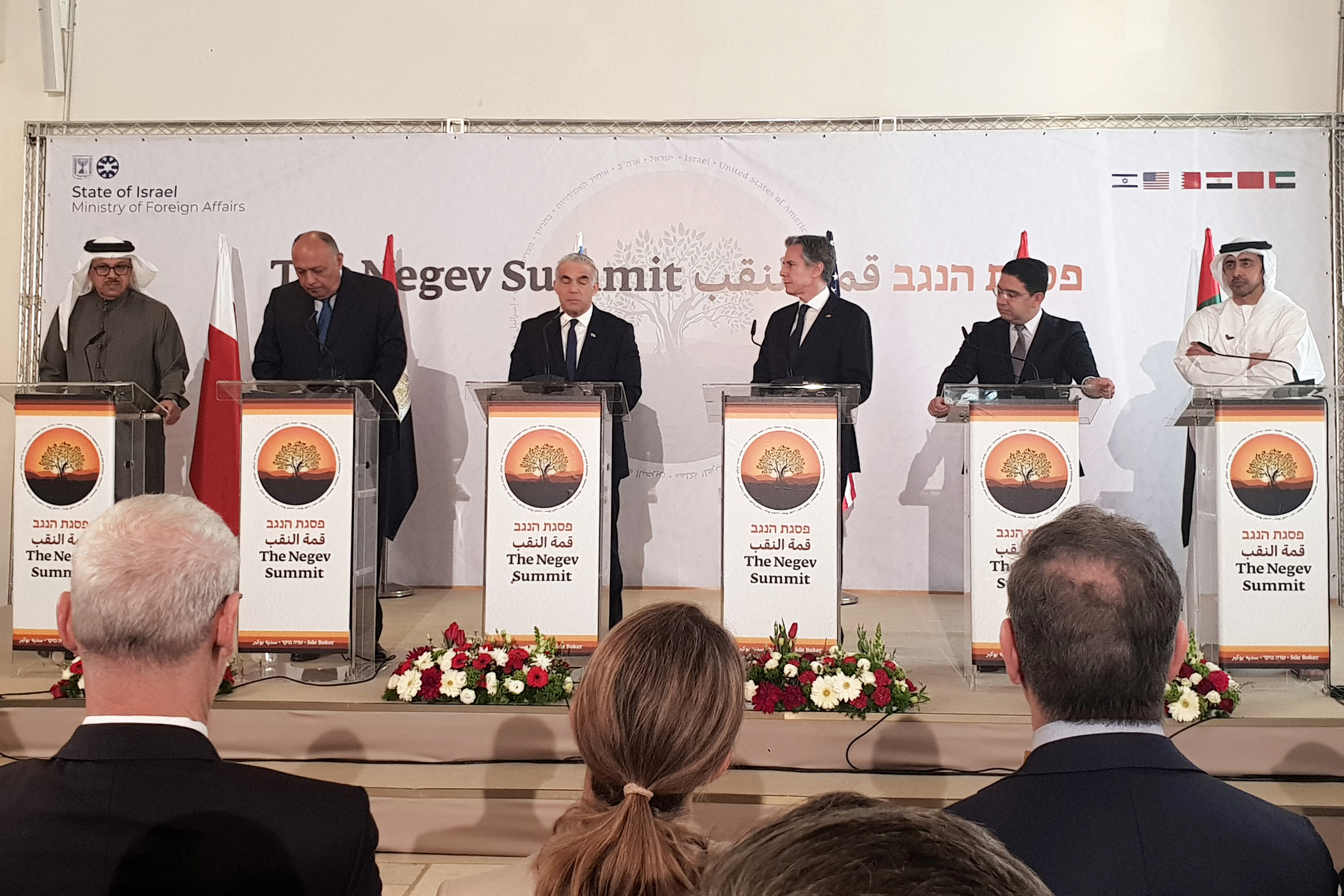 Bahrain's Foreign Minister Abdullatif bin Rashid al-Zayani, Egypt's Foreign Minister Sameh Shoukry, US Secretary of State Antony Blinken, Israeli Foreign Minister Yair Lapid, Morocco's Foreign Minister Nasser Bourita and UAE Foreign Minister Sheikh Abdullah bin Zayed bin Sultan al-Nahyan speak during the Negev Summit