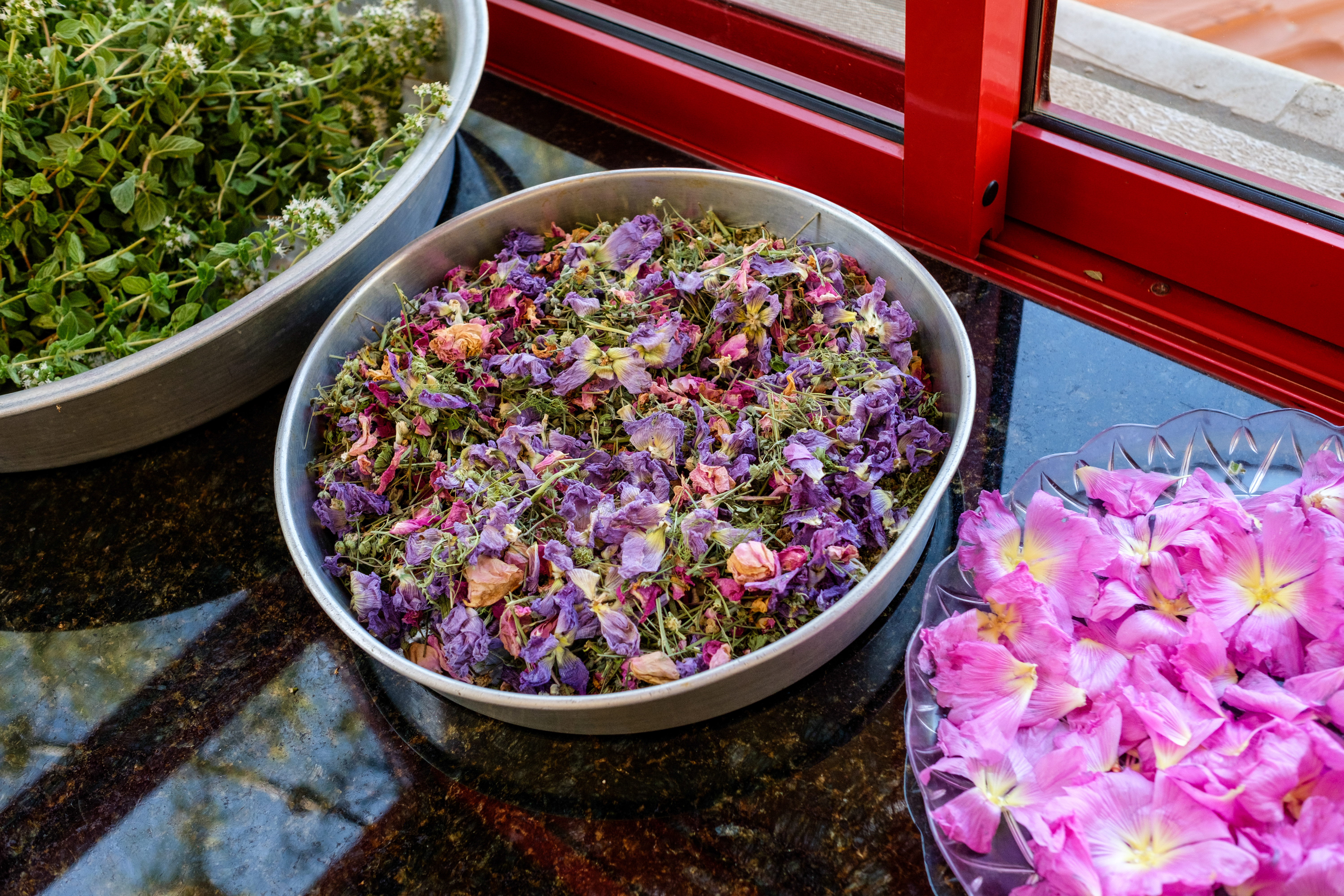 Bowls of foraged wildflowers drying for Salma's herbal tea
