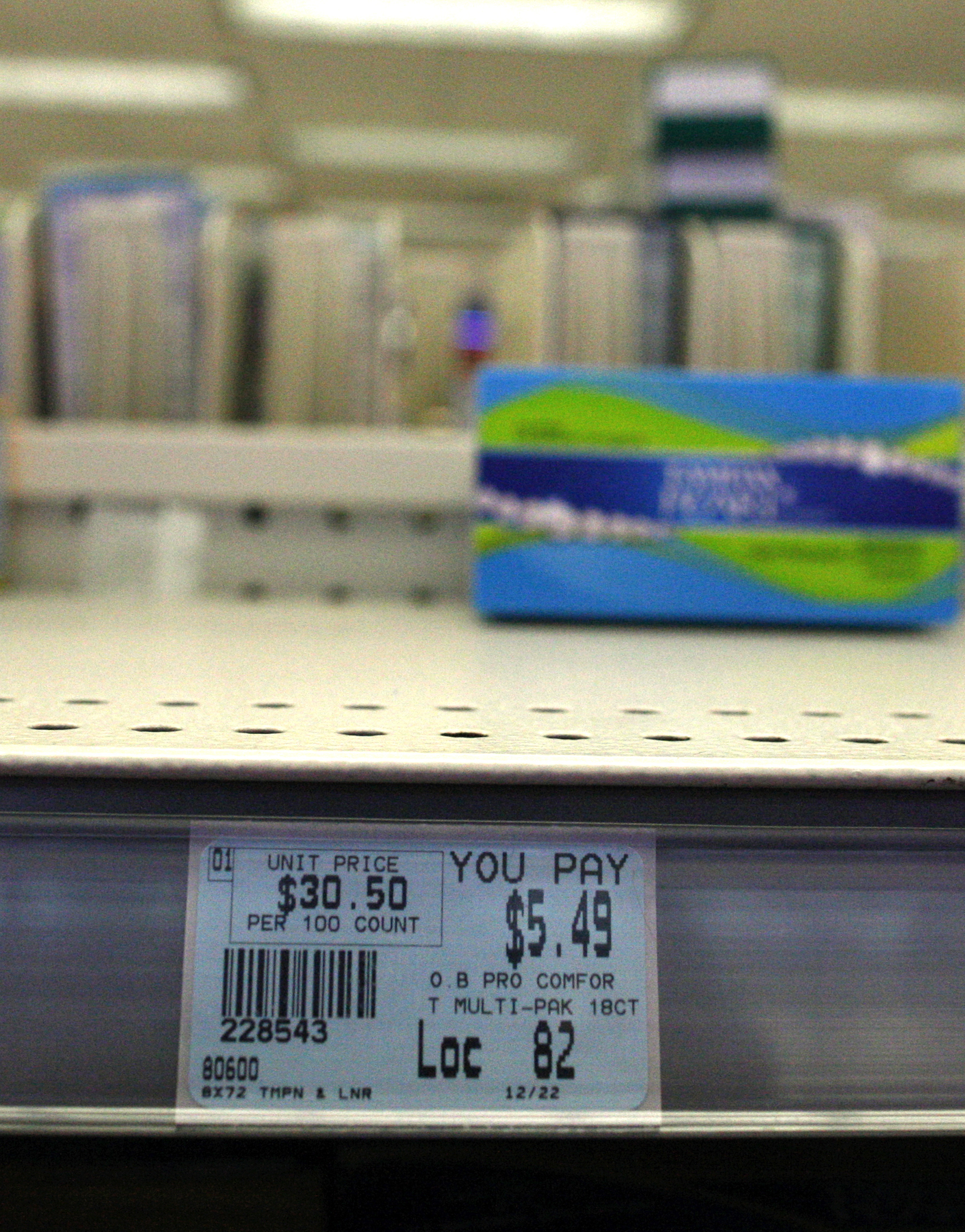 a price tag for o.b. tampons on a shelf in New York
