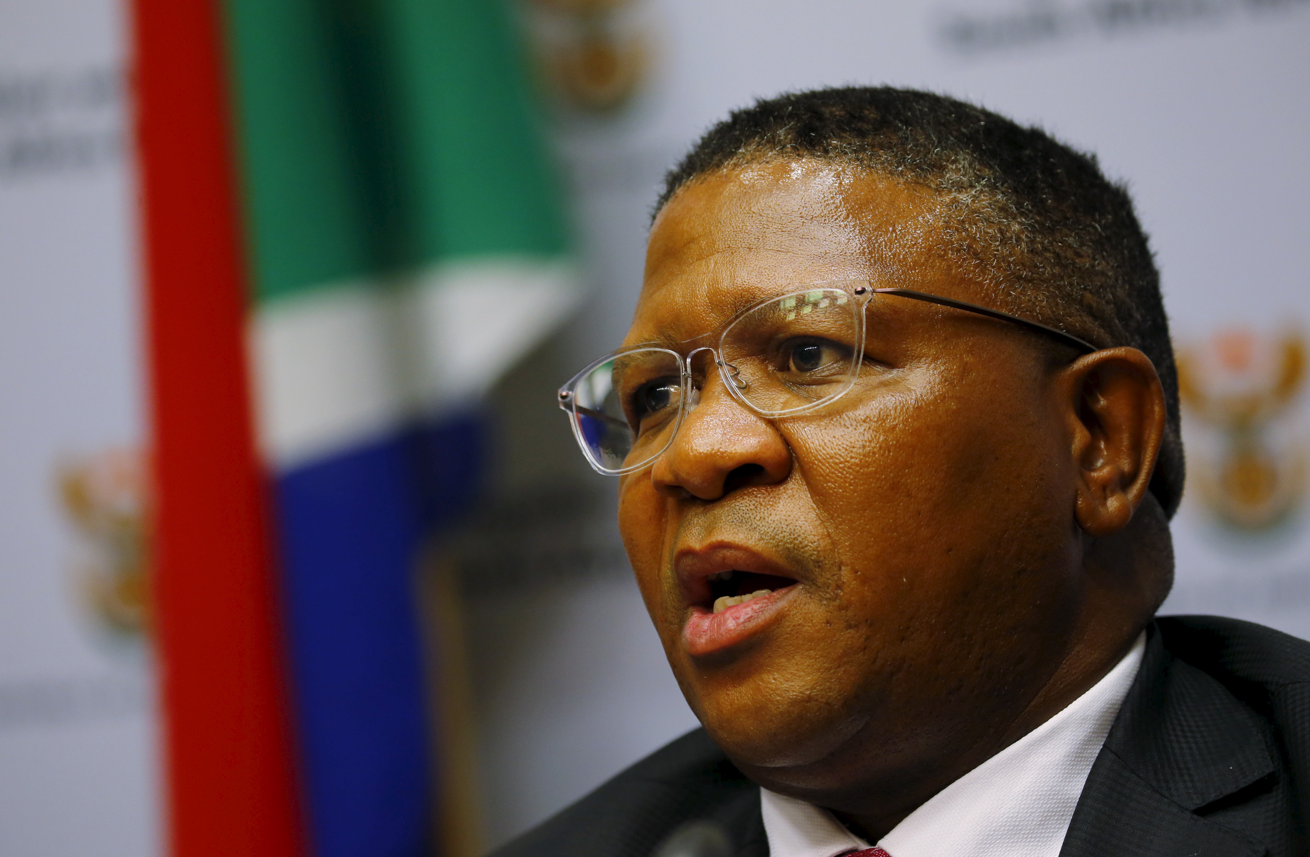 South African transport minister Fikile Mbalula addresses a media conference in Cape Town, March 17, 2016 during his time as sports minister