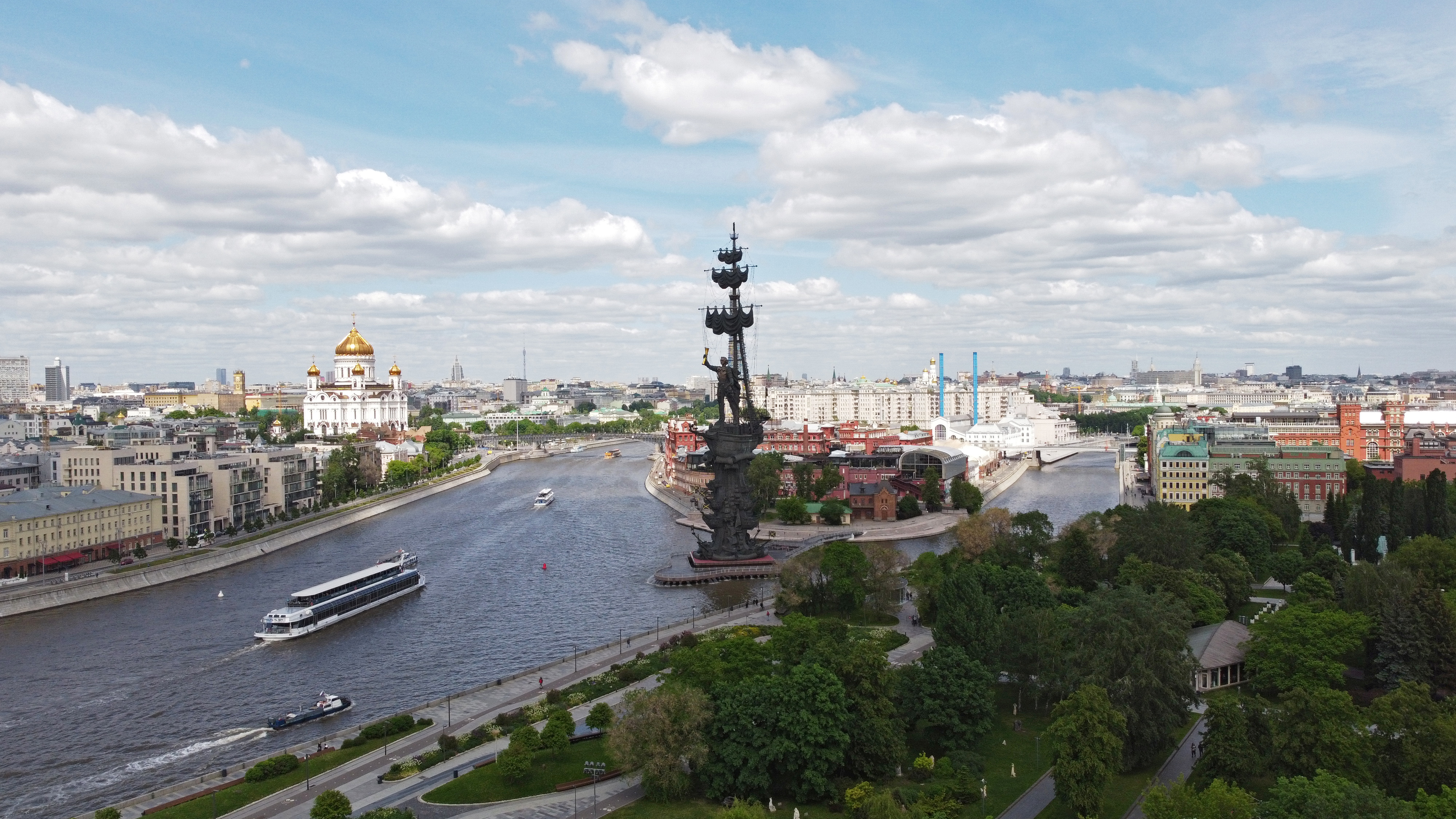 An aerial view of Moscow shows the Cathedral of Christ the Saviour and the monument of Peter the Great