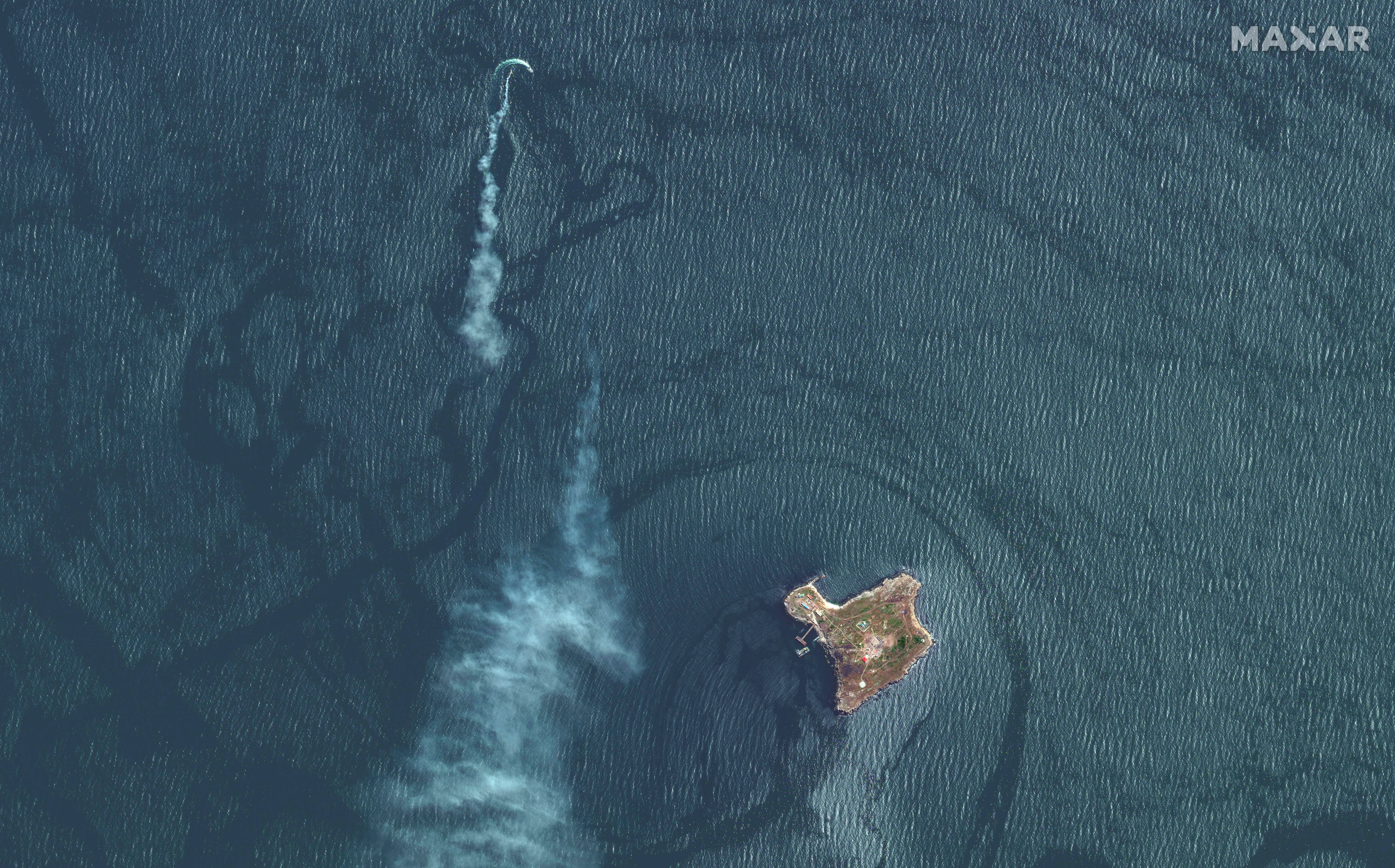 A satellite image shows an attack on a landing craft near Snake Island, Ukraine
