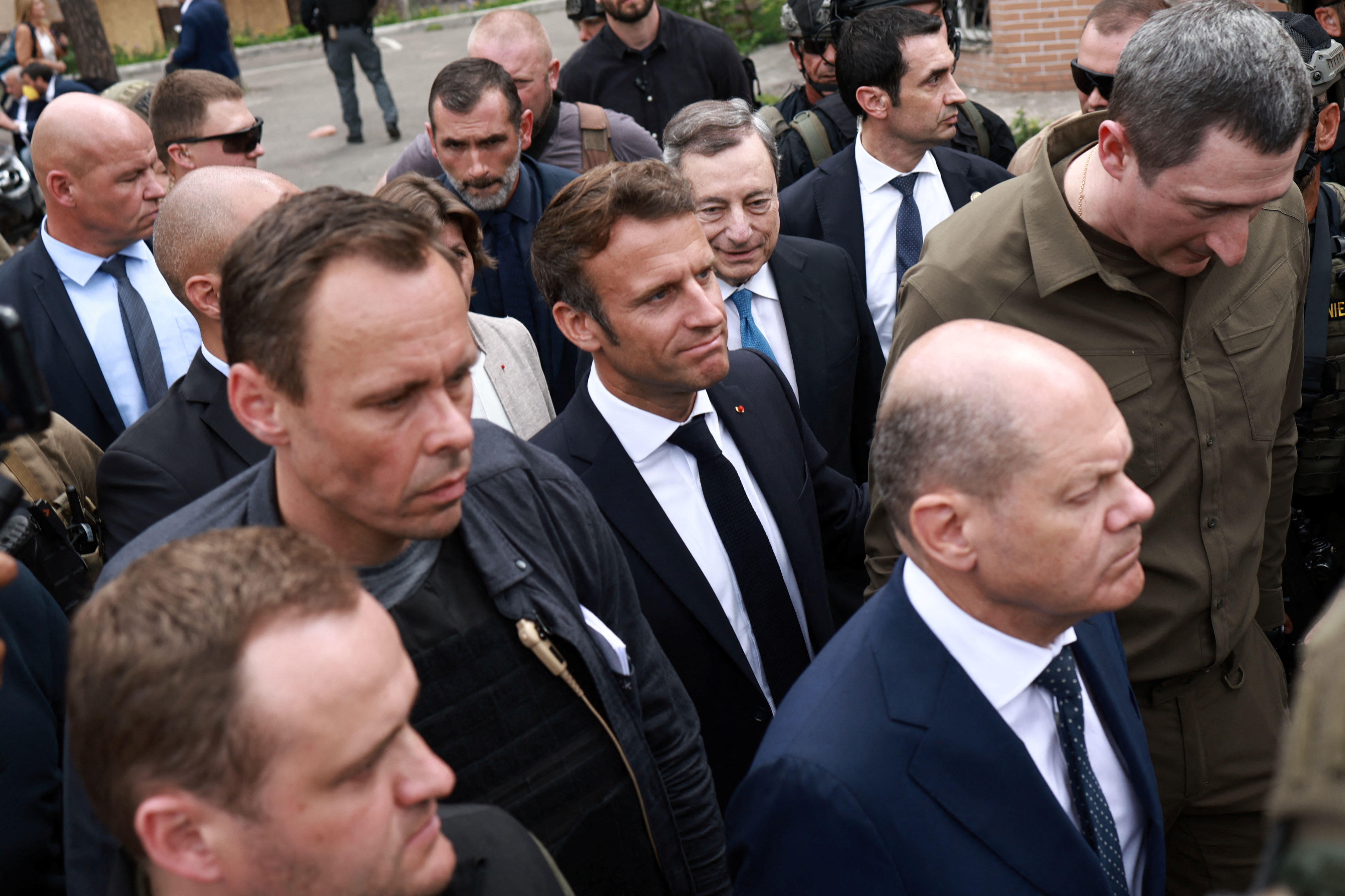 French President Emmanuel Macron, German Chancellor Olaf Scholz, Italian Prime Minister Mario Draghi visit Irpin, as Russia's attack on Ukraine continues, near Kyiv, Ukraine
