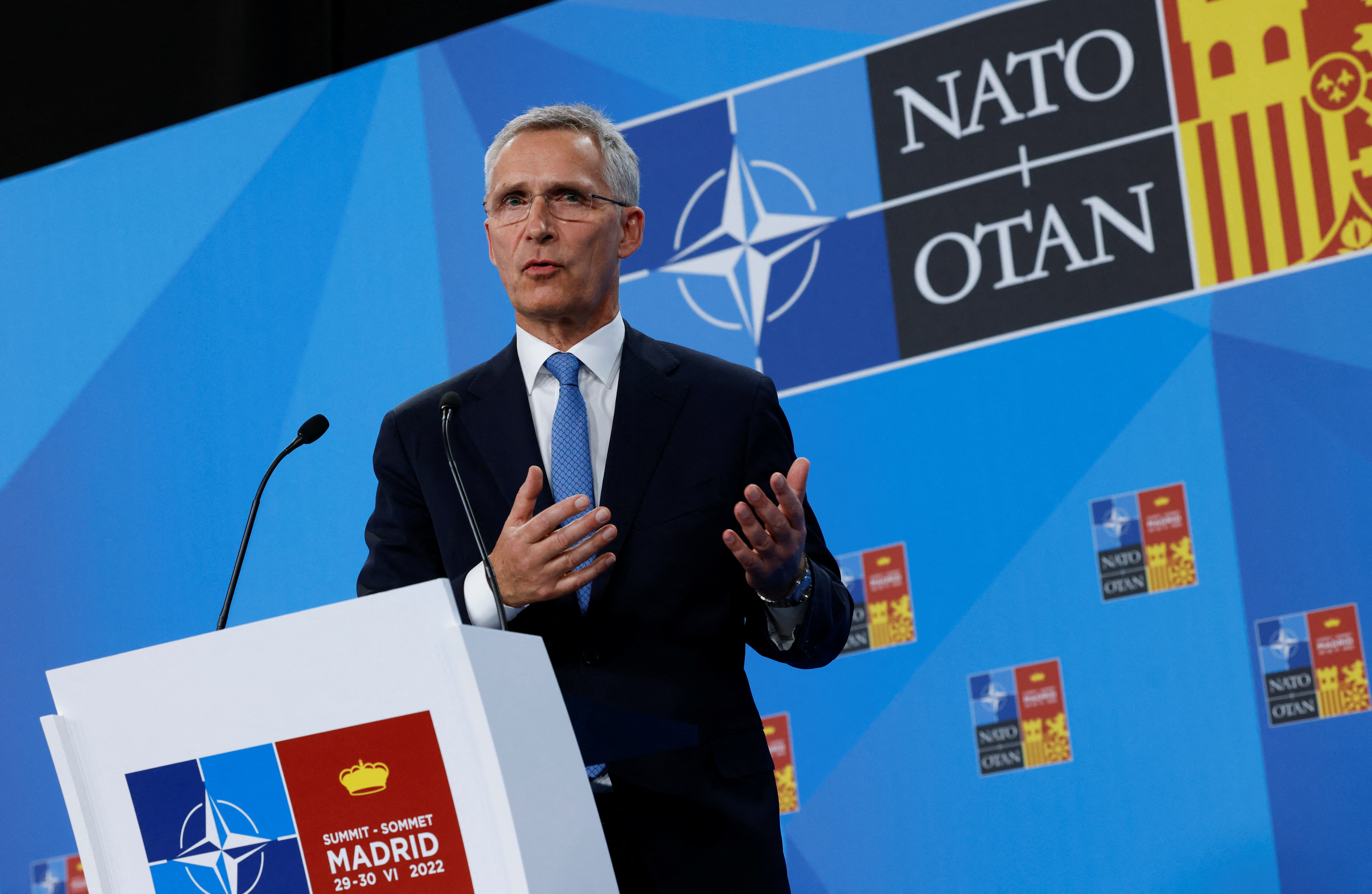 NATO Secretary General Jens Stoltenberg speaks at a news conference during a NATO summit in Madrid, Spain