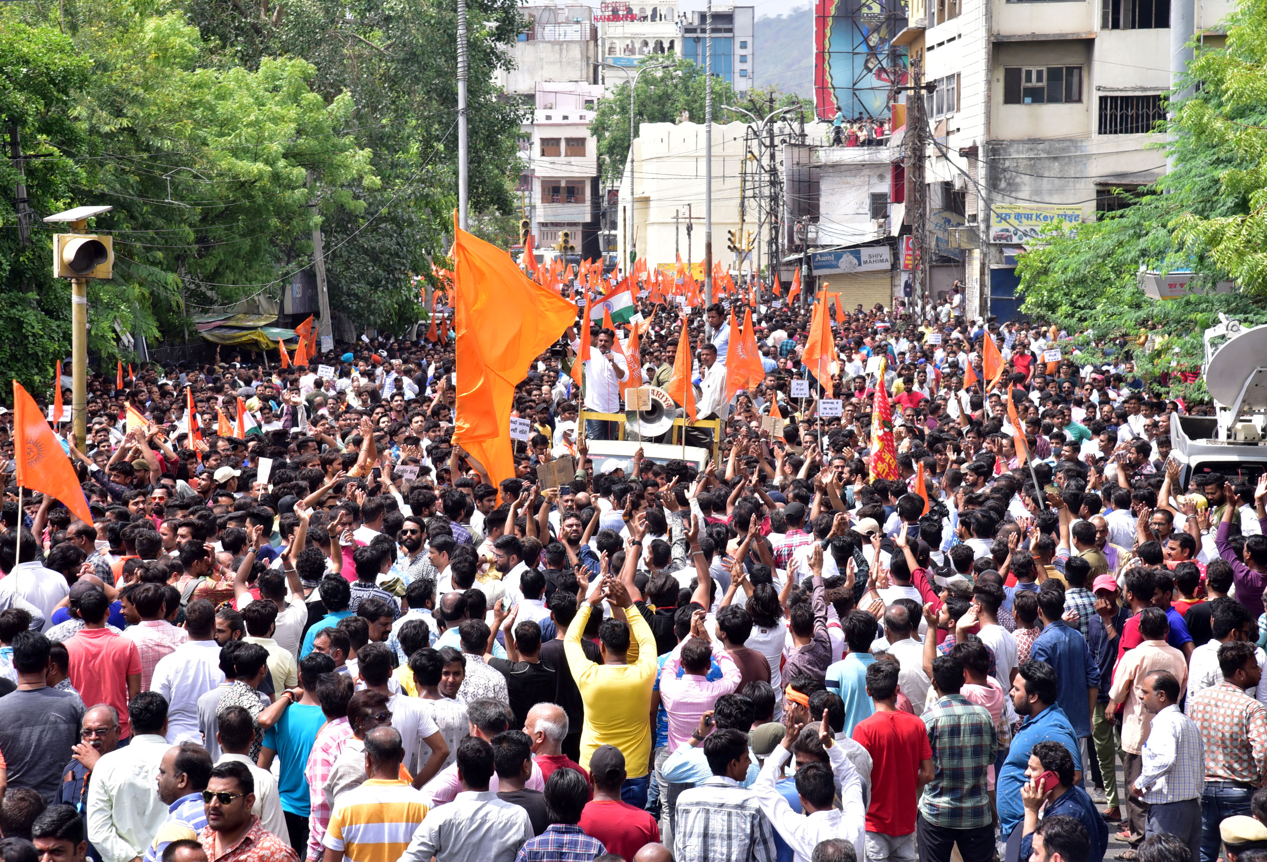 People protest after the killing of a Hindu man in Udaipur, Rajasthan state, India
