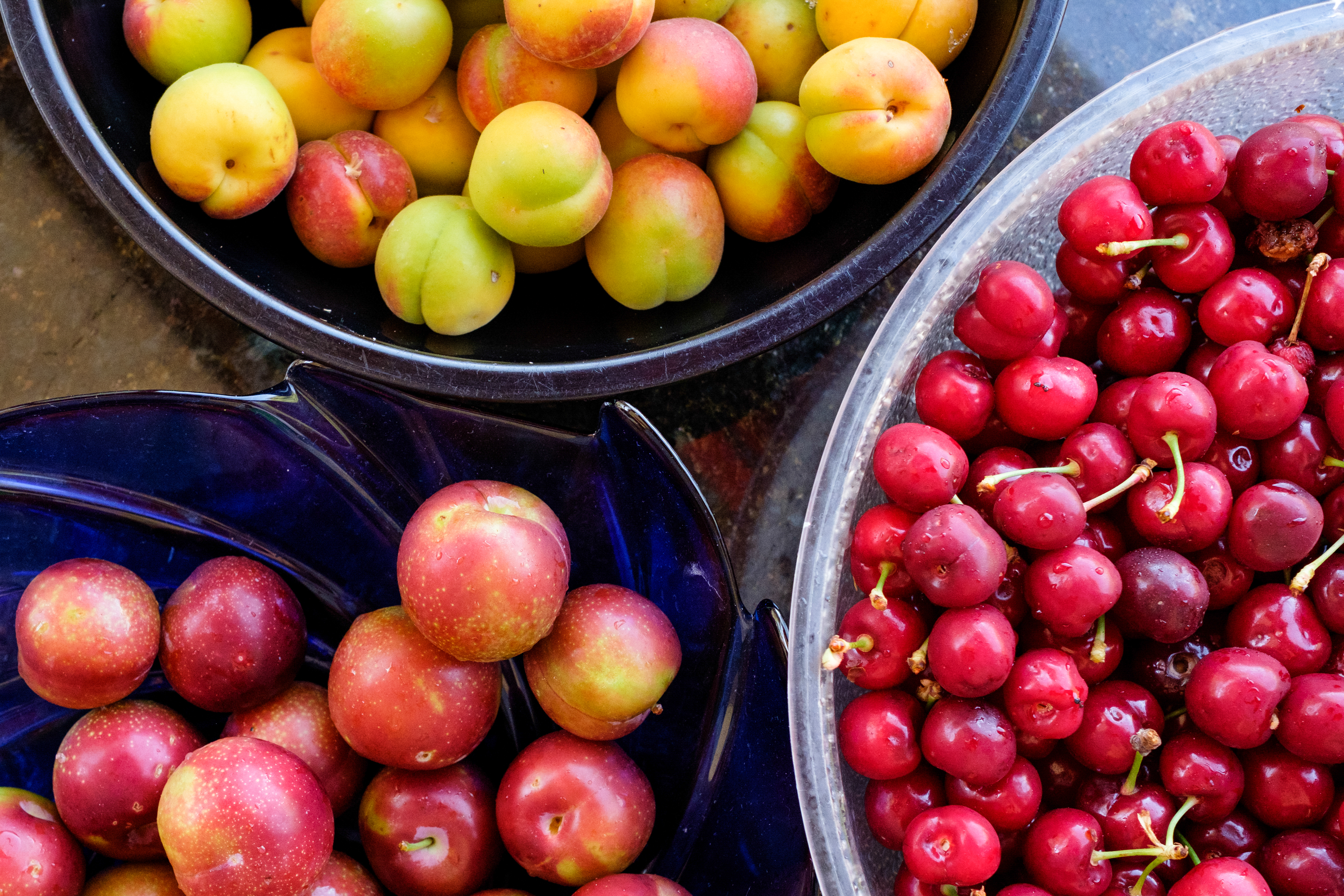 Ripe apricots, plums, and cherries from Salma Moussa's garden in Mazraat el-Toufah, North Lebanon. June 9, 2022