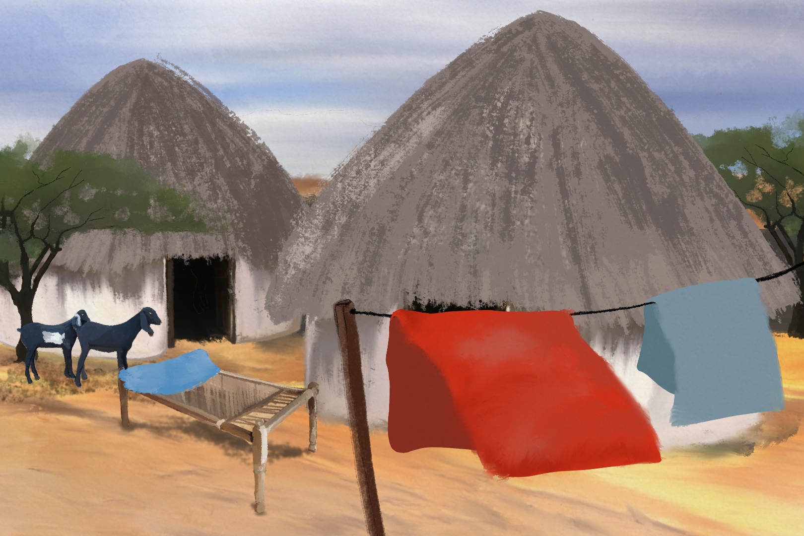 An illustration of two huts, one with a bed frame and a clothes line in front of it and the other with two goats in front.