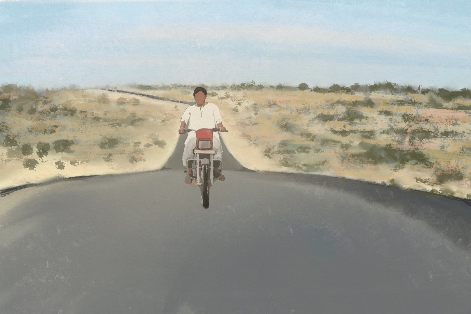 An illustration of a person riding a bike in the middle of an empty road.