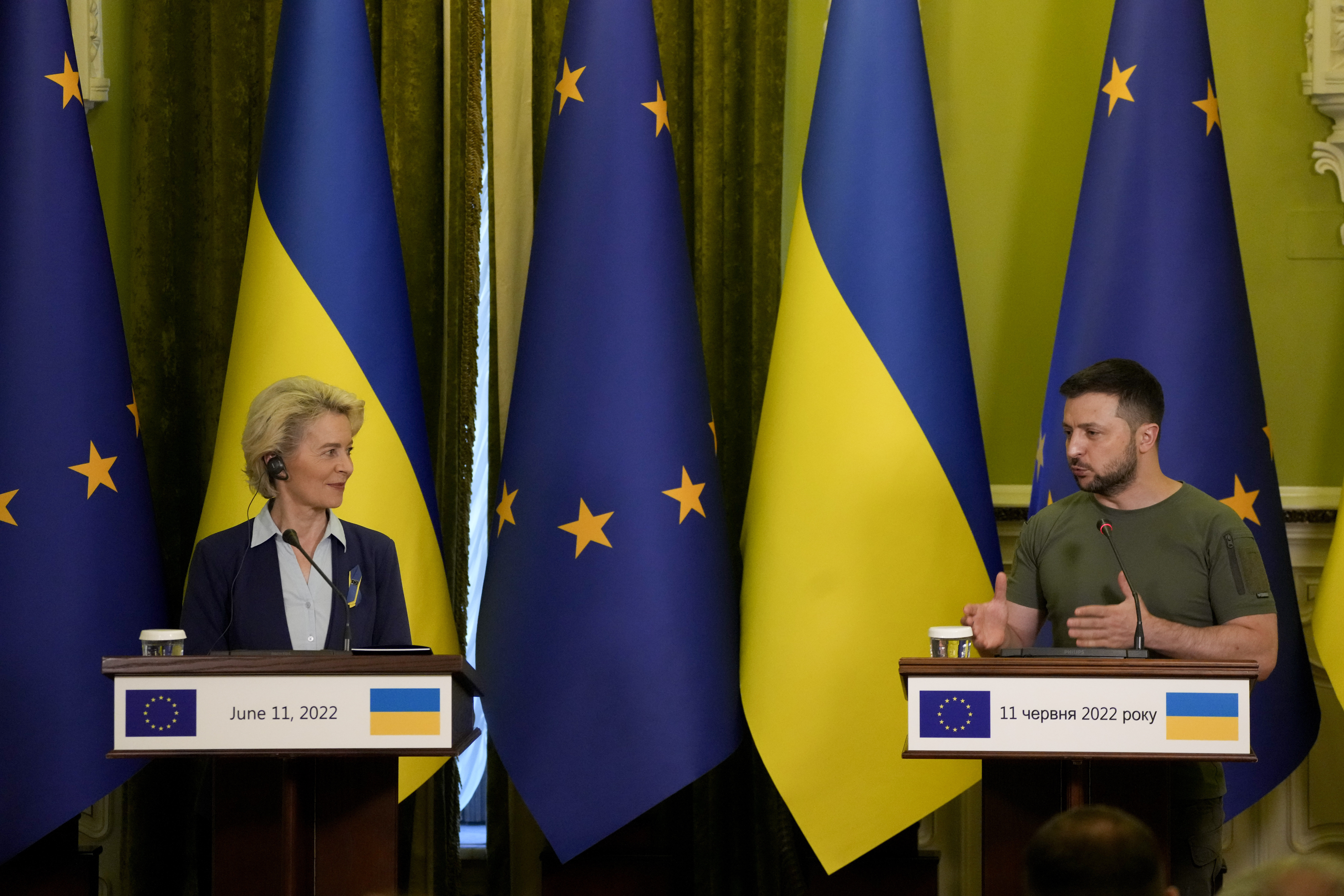 Ukraine President Volodymyr Zelenskyy speaks during a joint press conference with European Commission President Ursula von der Leyen,