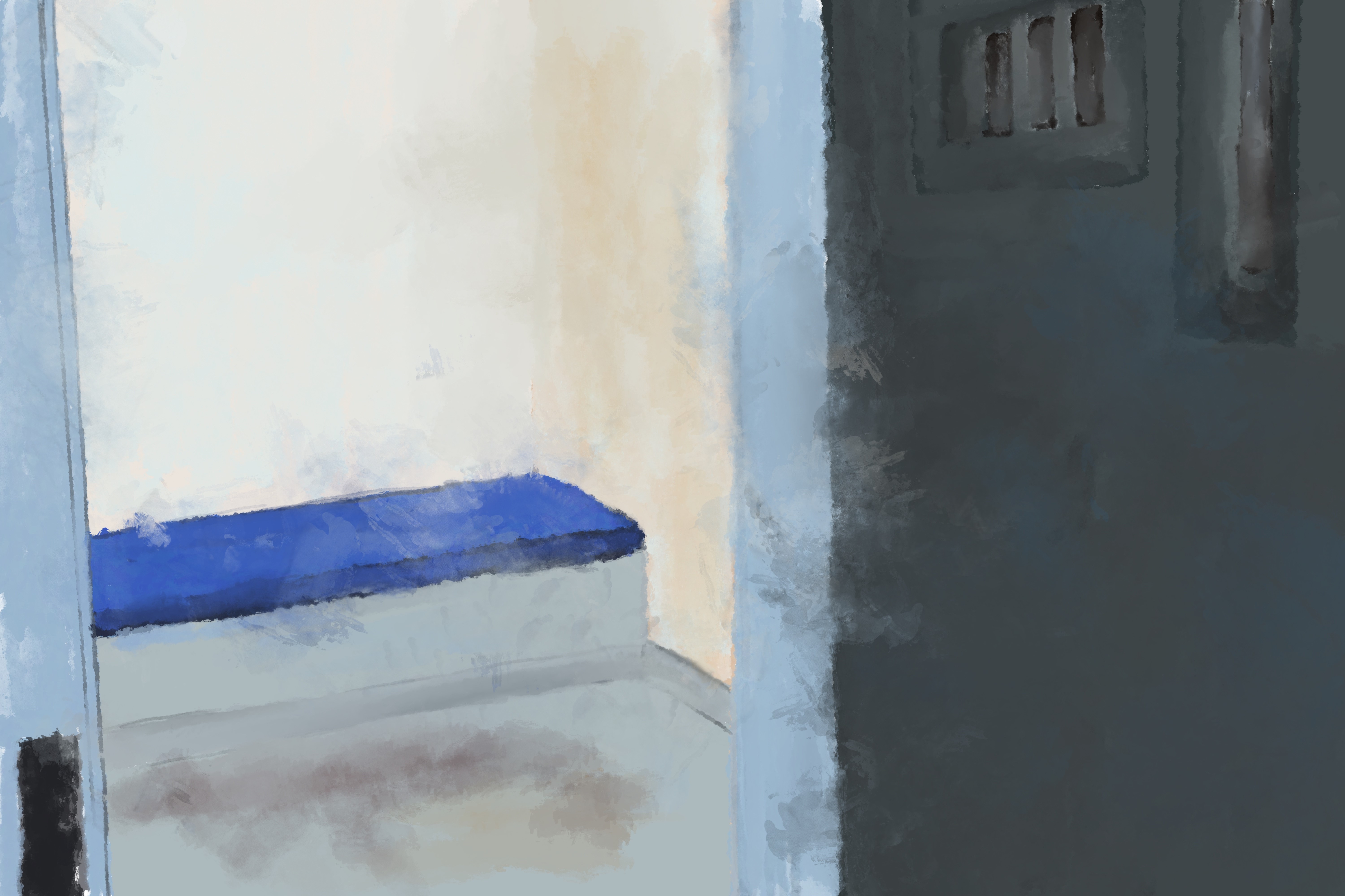 An illustration of a room with a step.