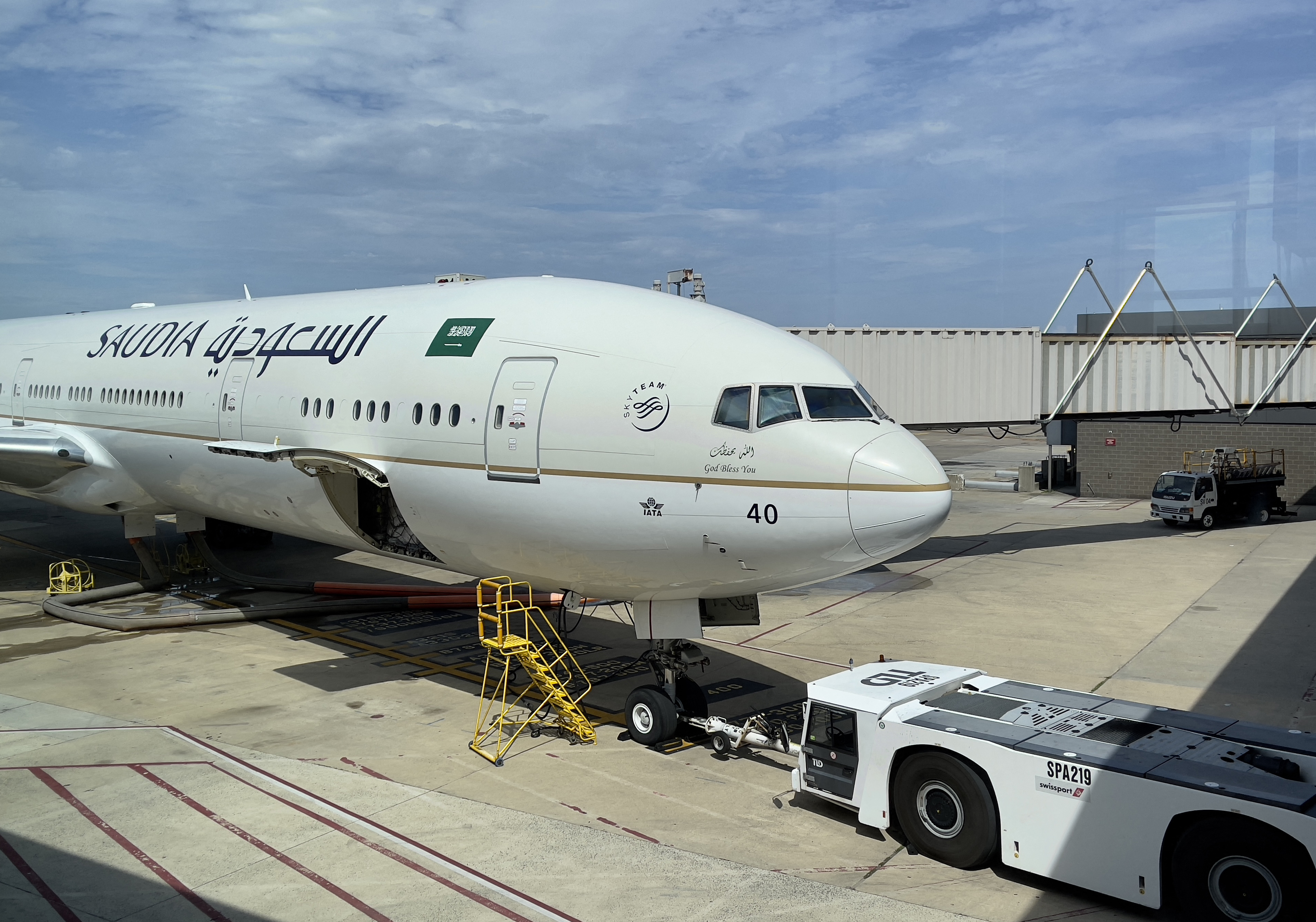 A Saudi Airlines plane is seen at gate at Dulles Washington International Airport (IAD),