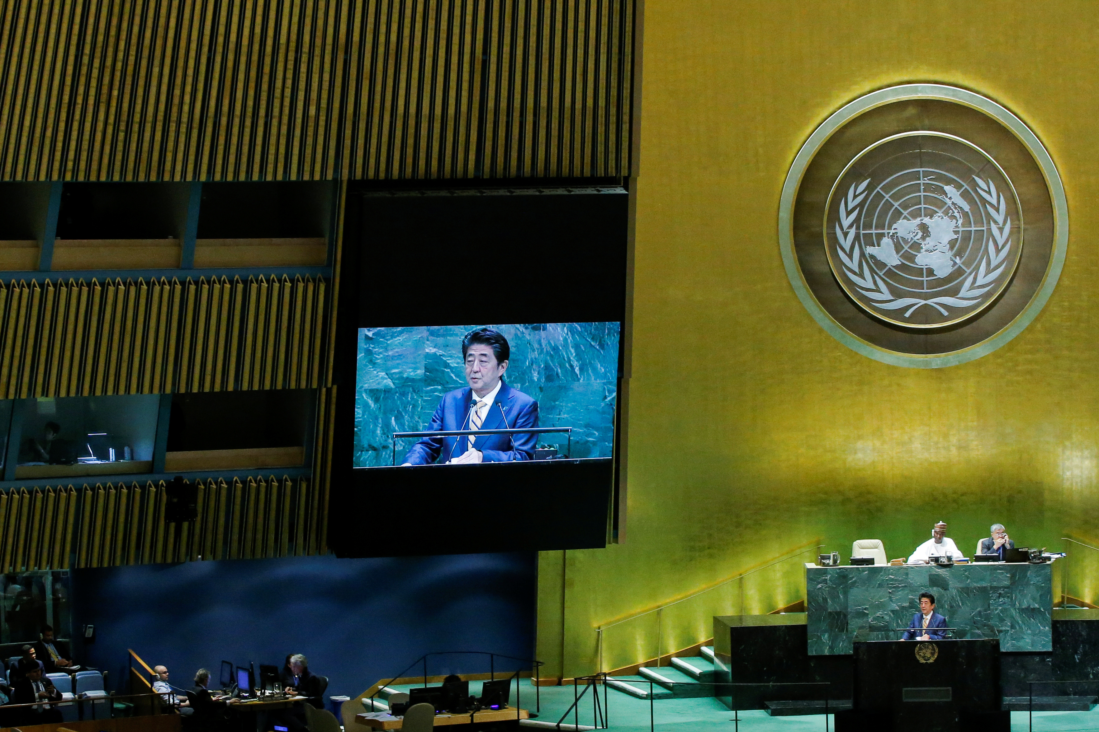 Japan's Prime Minister Shinzo Abe addresses the 74th session of the United Nations General Assembly at U.N. headquarters in New York City, New York, U.S., September 24, 2019.