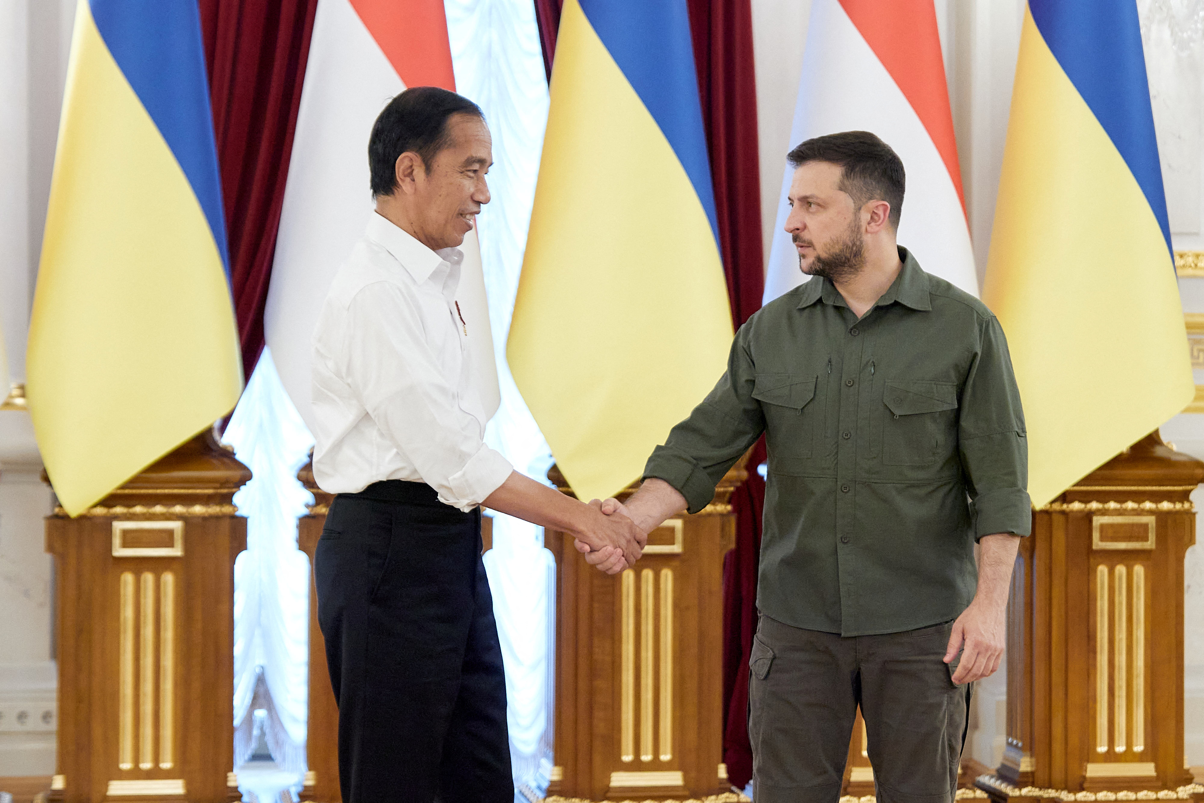 Indonesian President Joko "Jokowi" Widodo shakes hands with Ukrainian President Volodymyr Zelenskyy
