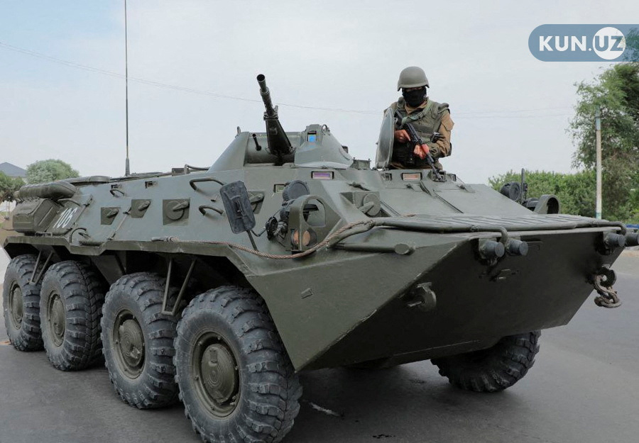 An Uzbek service member guards a street in Nukus, capital of the northwestern Karakalpakstan region.
