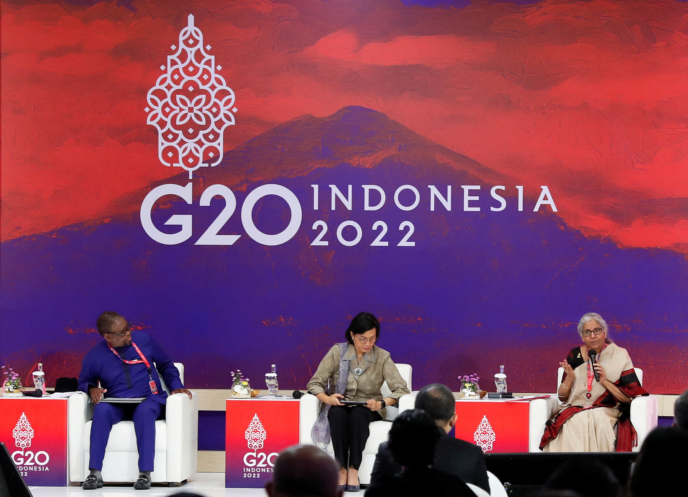 South Africa's Finance Minister Enoch Godongwana, Indonesia's Finance Minister Sri Mulyani Indrawati and India's Finance Minister Nirmala Sitharaman attend a side event on the G20 Finance Ministers and Central Bank Governors Meeting in Nusa Dua, Bali, Indonesia.