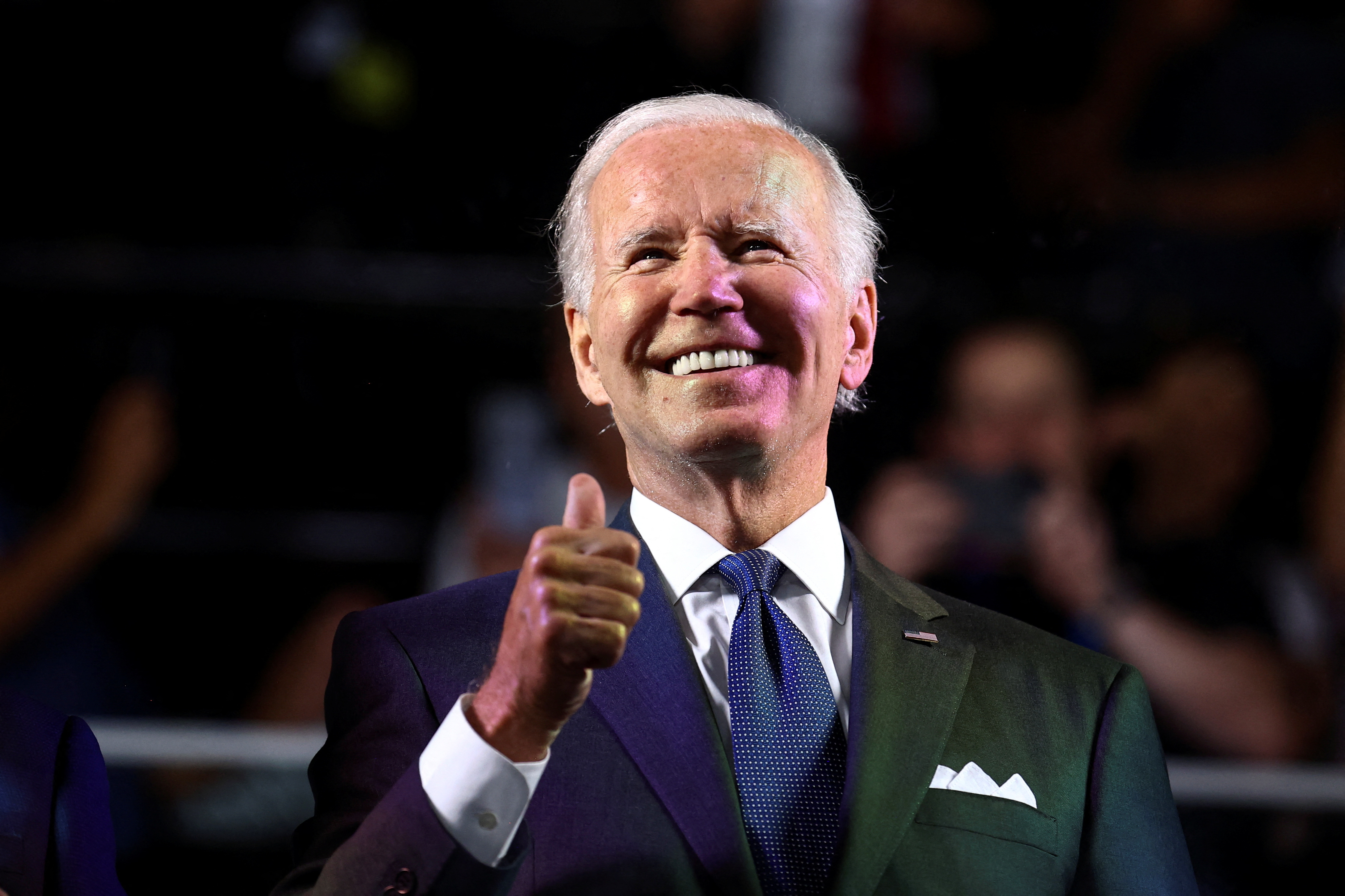 U.S. President Joe Biden reacts as he attends the the opening ceremony of the Maccabiah in Jerusalem July 14,