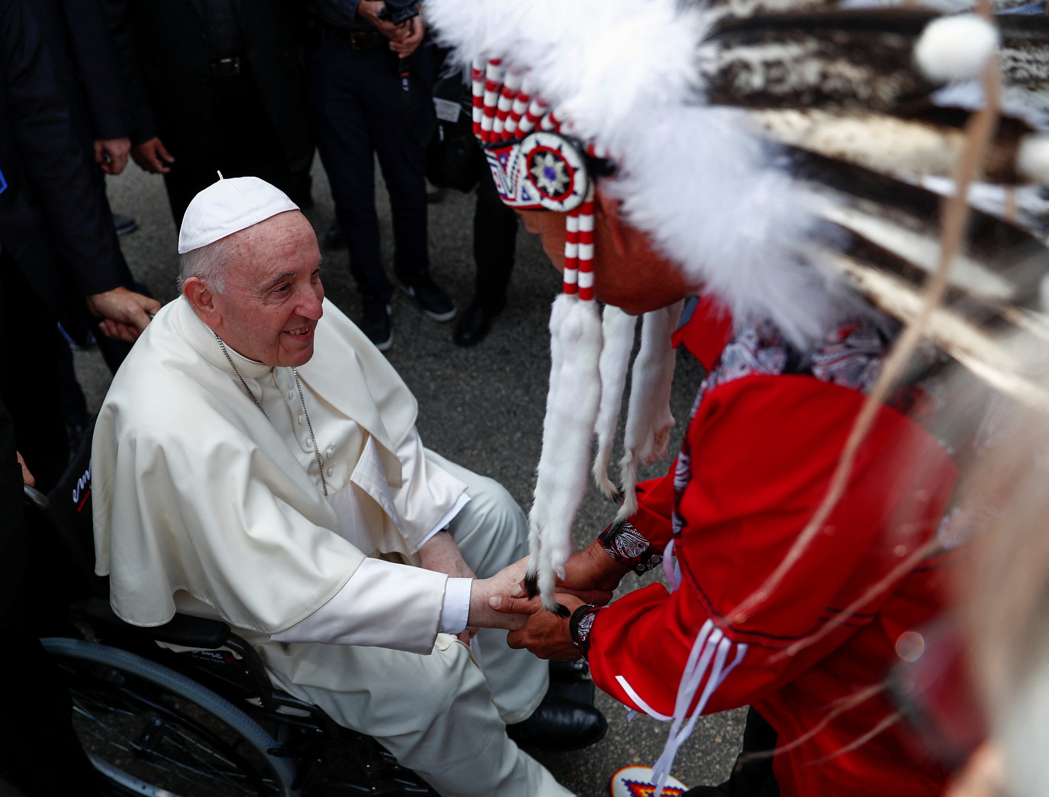 Pope Francis is welcomed after arriving at Edmonton International Airport, near Edmonton, Alberta, Canada July 24, 2022.