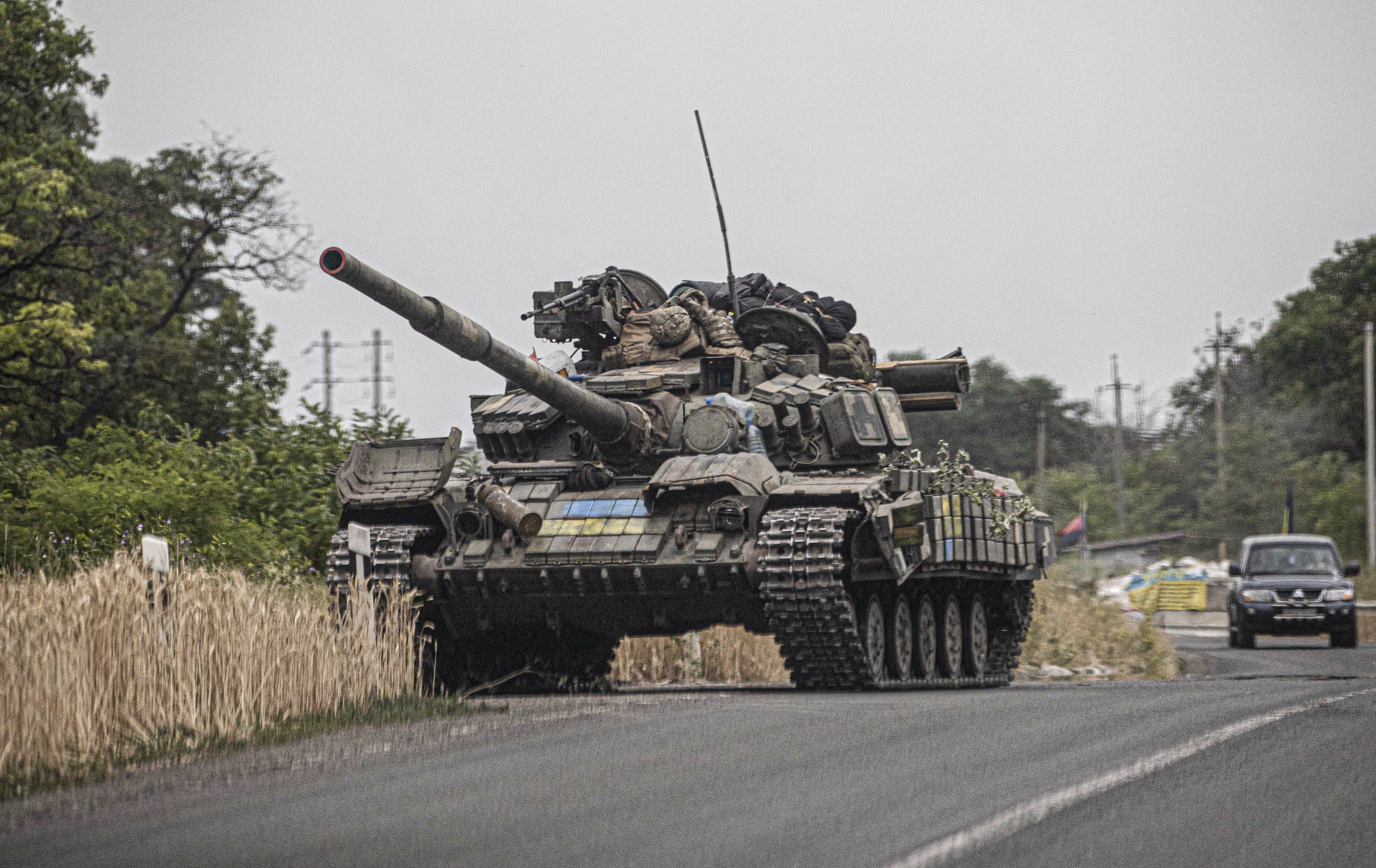 A Ukrainian tank patrols the area as conflicts between Russian and Ukrainian forces continue in Bakhmut