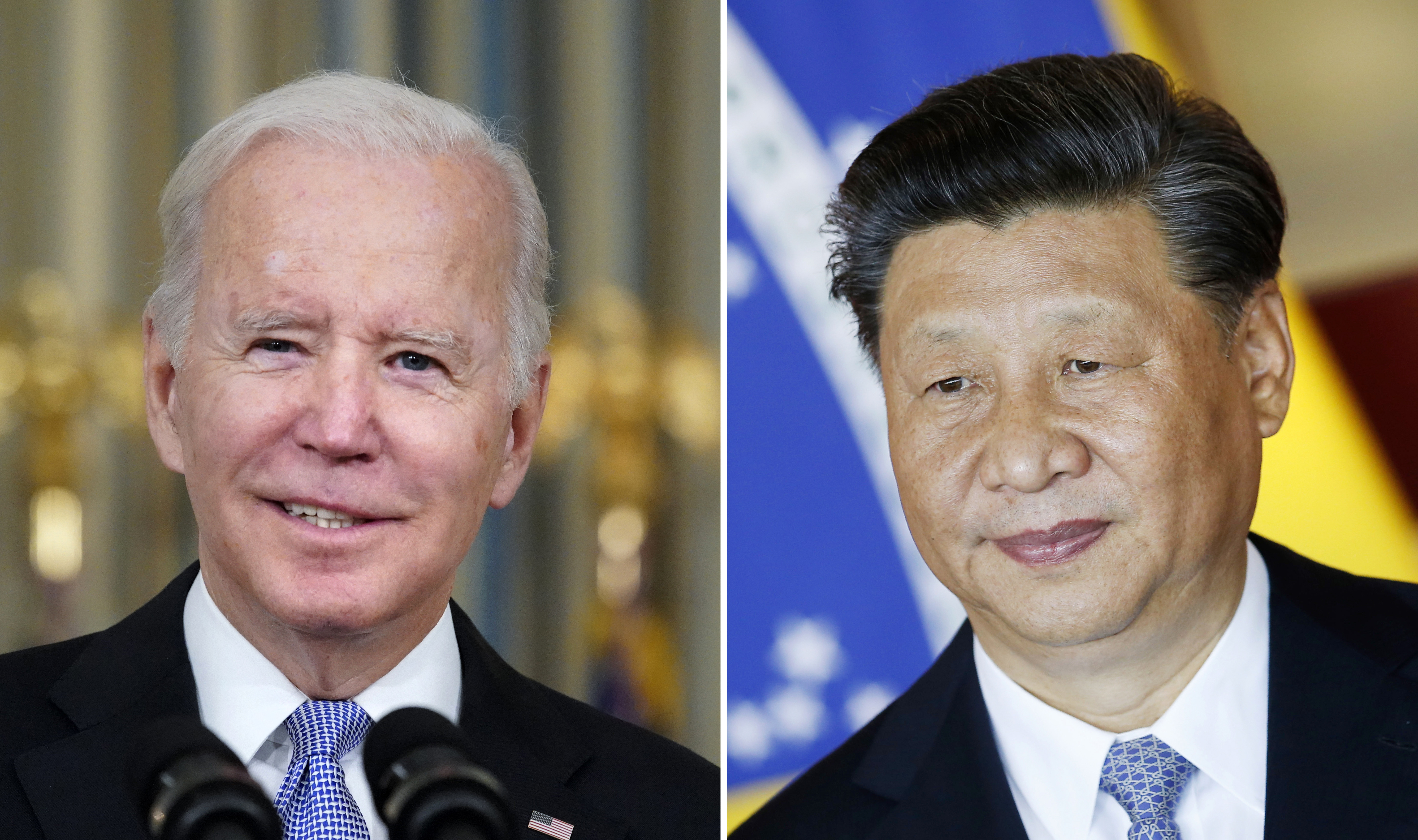 Headshots of Biden and Xi next to each other