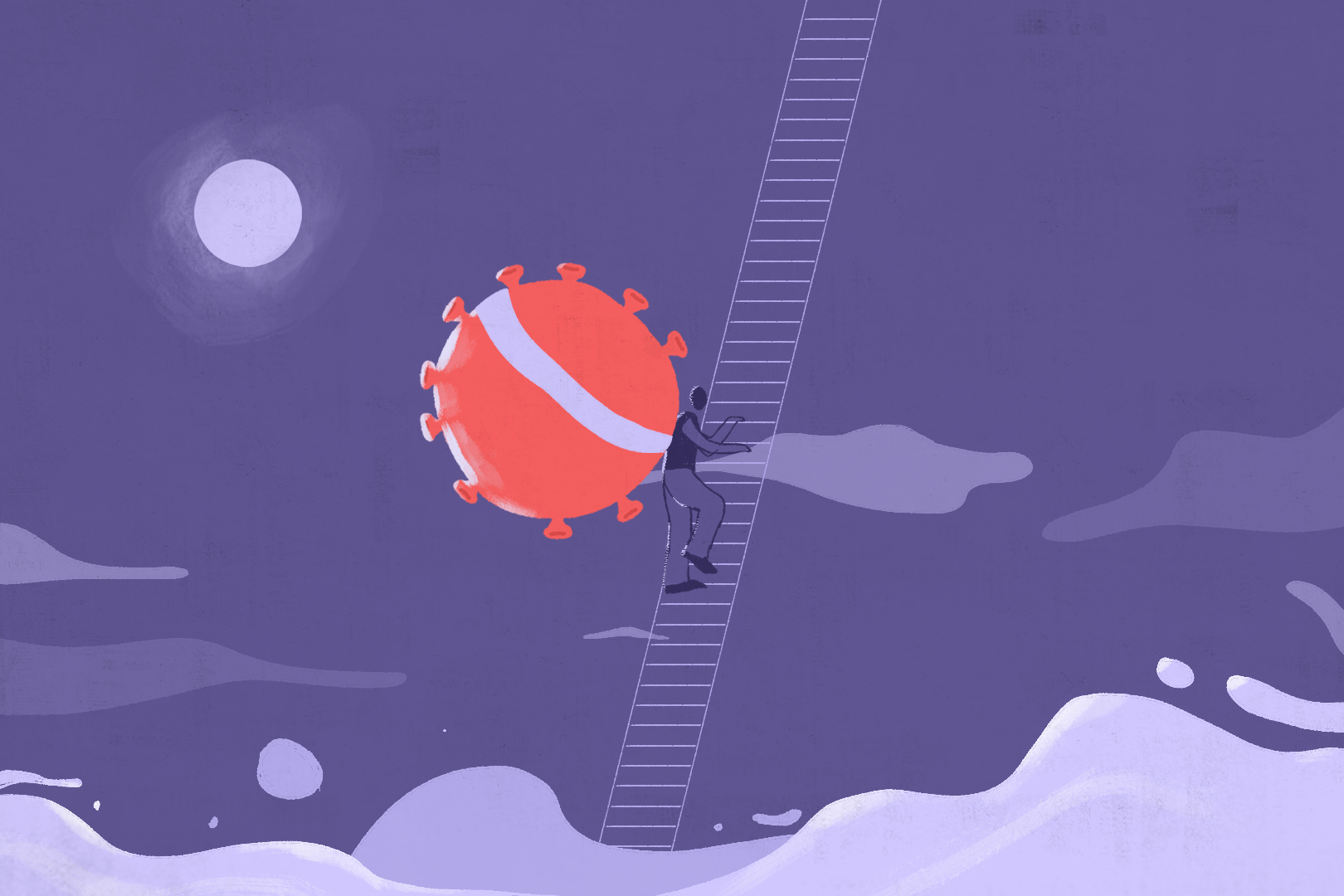 A drawing of a man walking up a ladder, with the COVID virus beside him