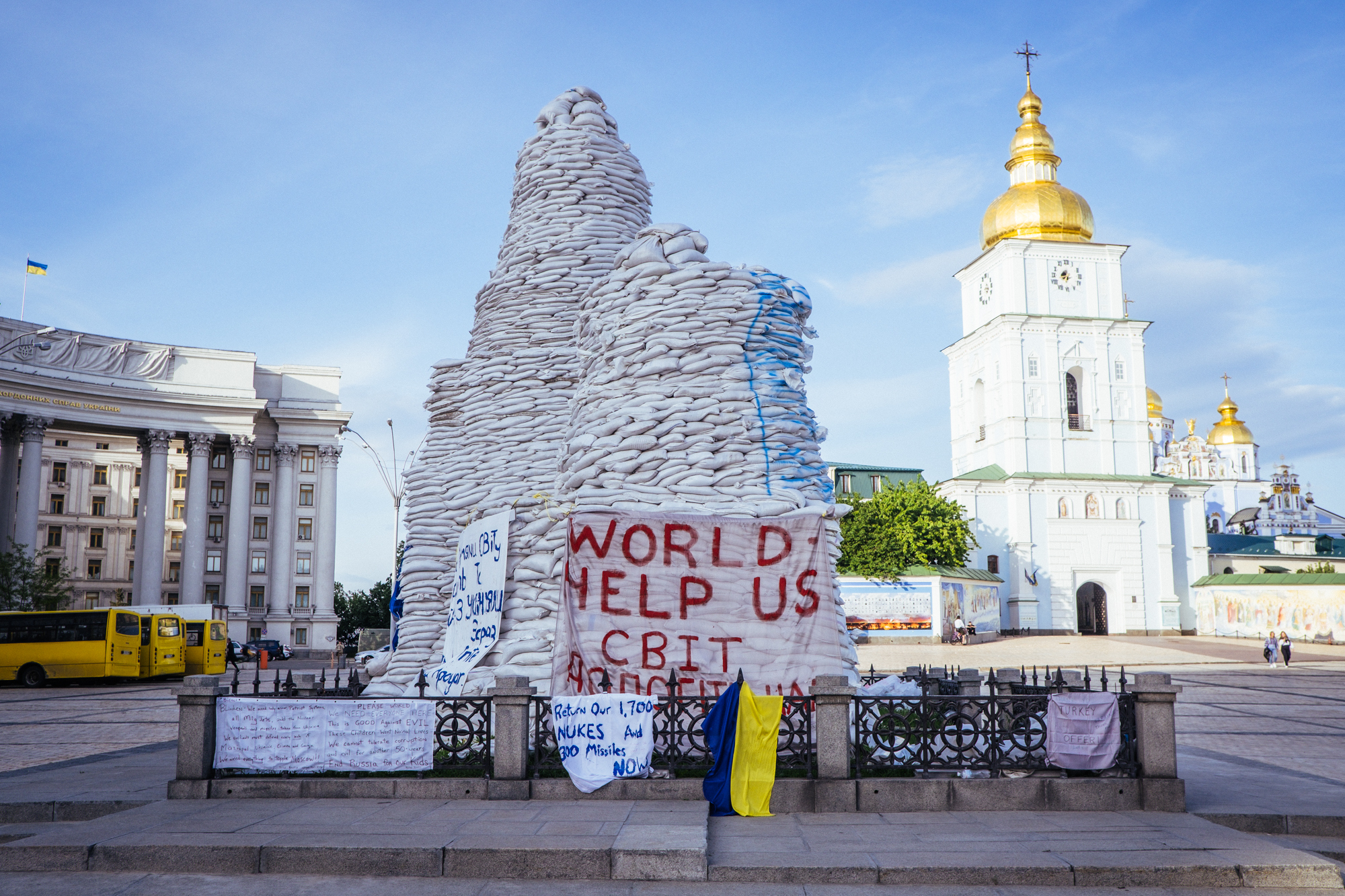 Princess Olga, St. Andrew the First-Called and the educators Cyril and Methodius: The statues of Princess Olga, St. Andrew the First-Called and the educators Cyril and Methodius are protected by 4,000 sandbags that weigh up to 170 tonnes according to Oleksandr Nikoriak, the Head of Heritage Protection in Kyiv.