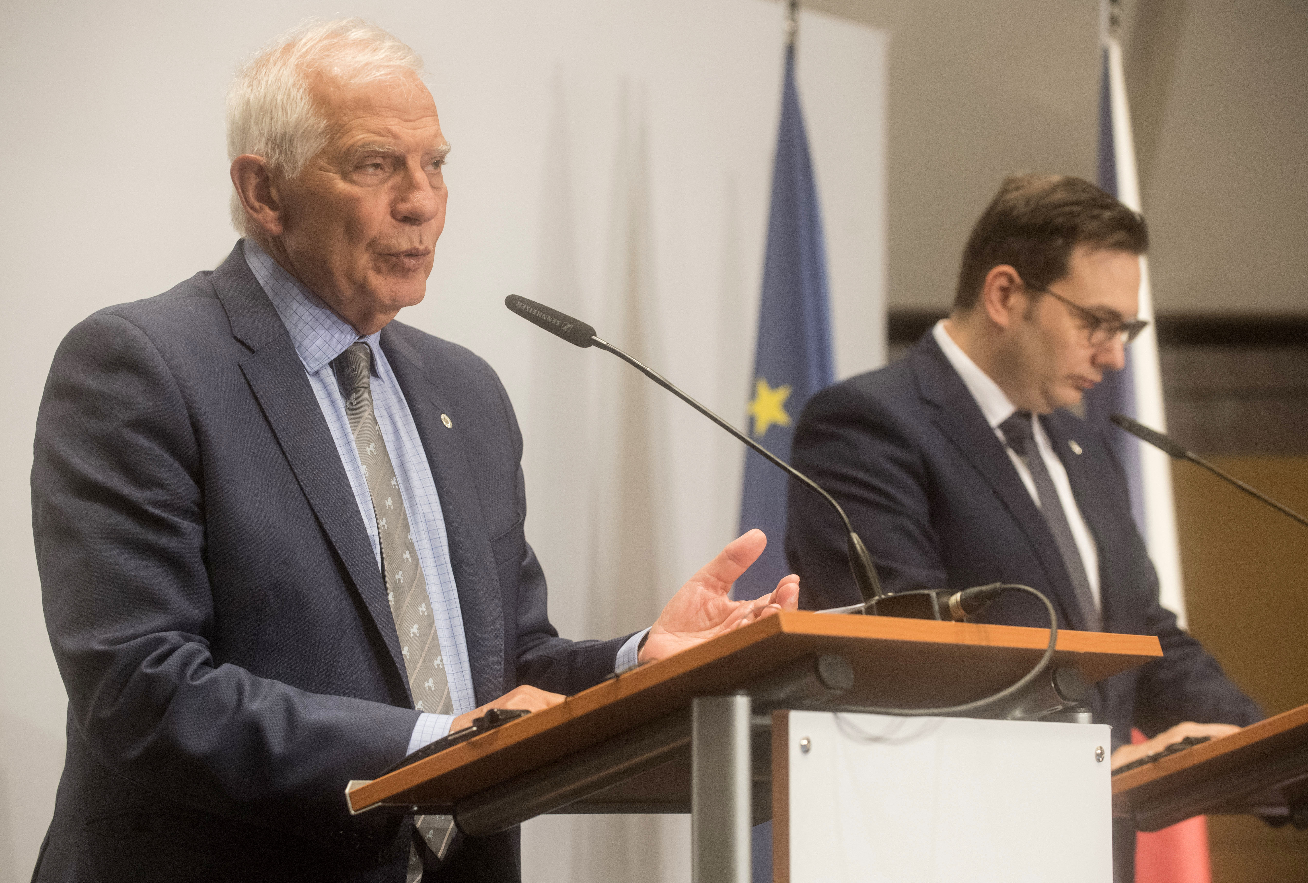 Czech Foreign Minister Jan Lipavsky (R) and the European Union's High Representative for Foreign Affairs and Security Policy Josep Borrell (L) give a press conference after an informal meeting of EU Foreign Ministers (Gymnich)