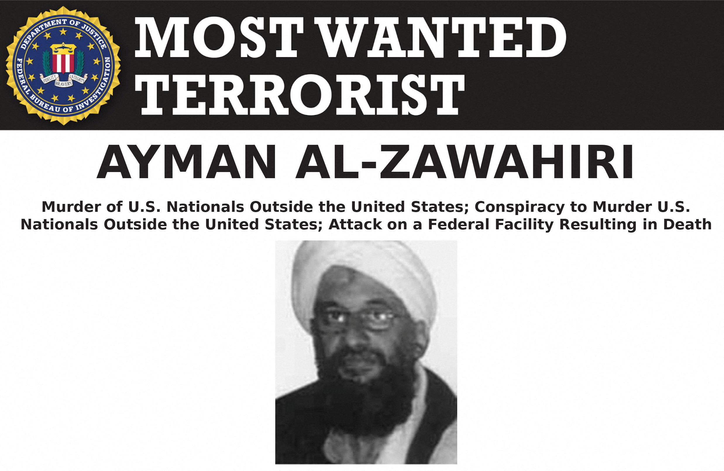 Al Qaeda leader Ayman al-Zawahiri in an FBI Most Wanted poster