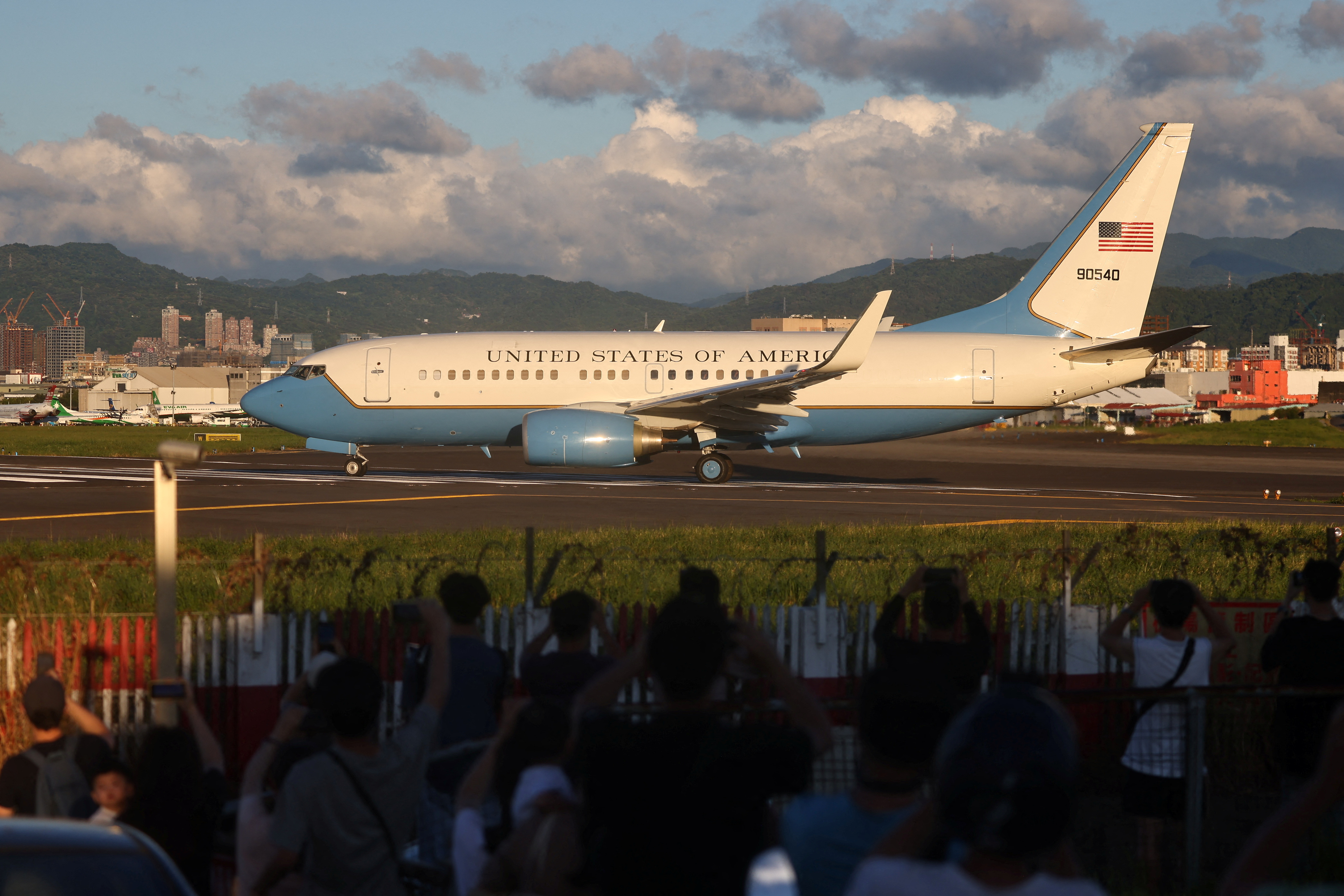 The plane carrying U.S. House of Representatives Speaker Nancy Pelosi takes off from Taipei Songshan Airport in Taipei, Taiwan August 3, 2022.