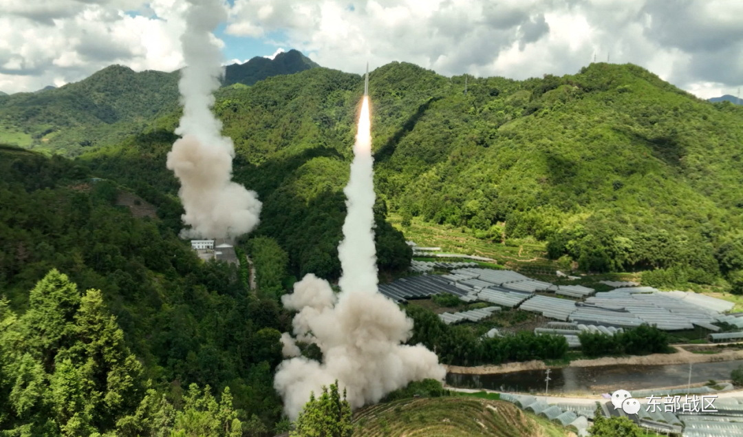 Two rockets launched by the Chinese army from an undisclosed mountainous area in waters off Taiwan's eastern coast.