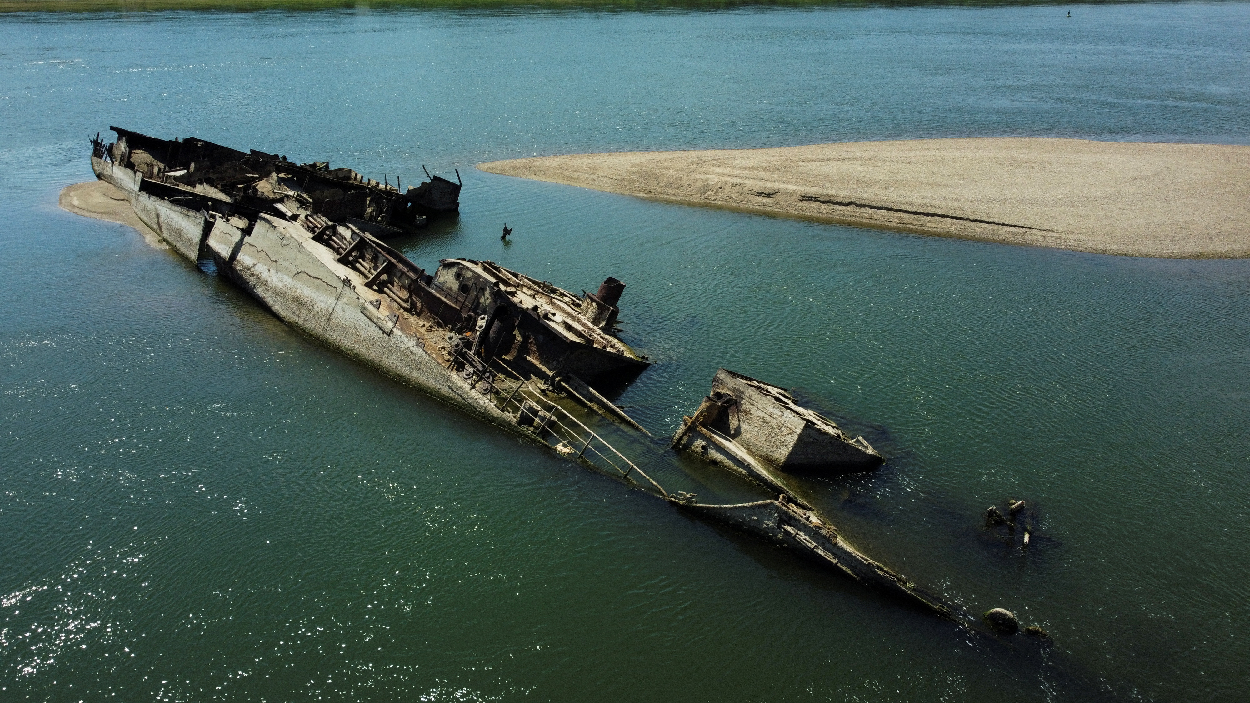 Wreckage of a World War II German warship is seen in the Danube in Prahovo, Serbia on August 18, 2022 [Fedja Grulovic/Reuters]