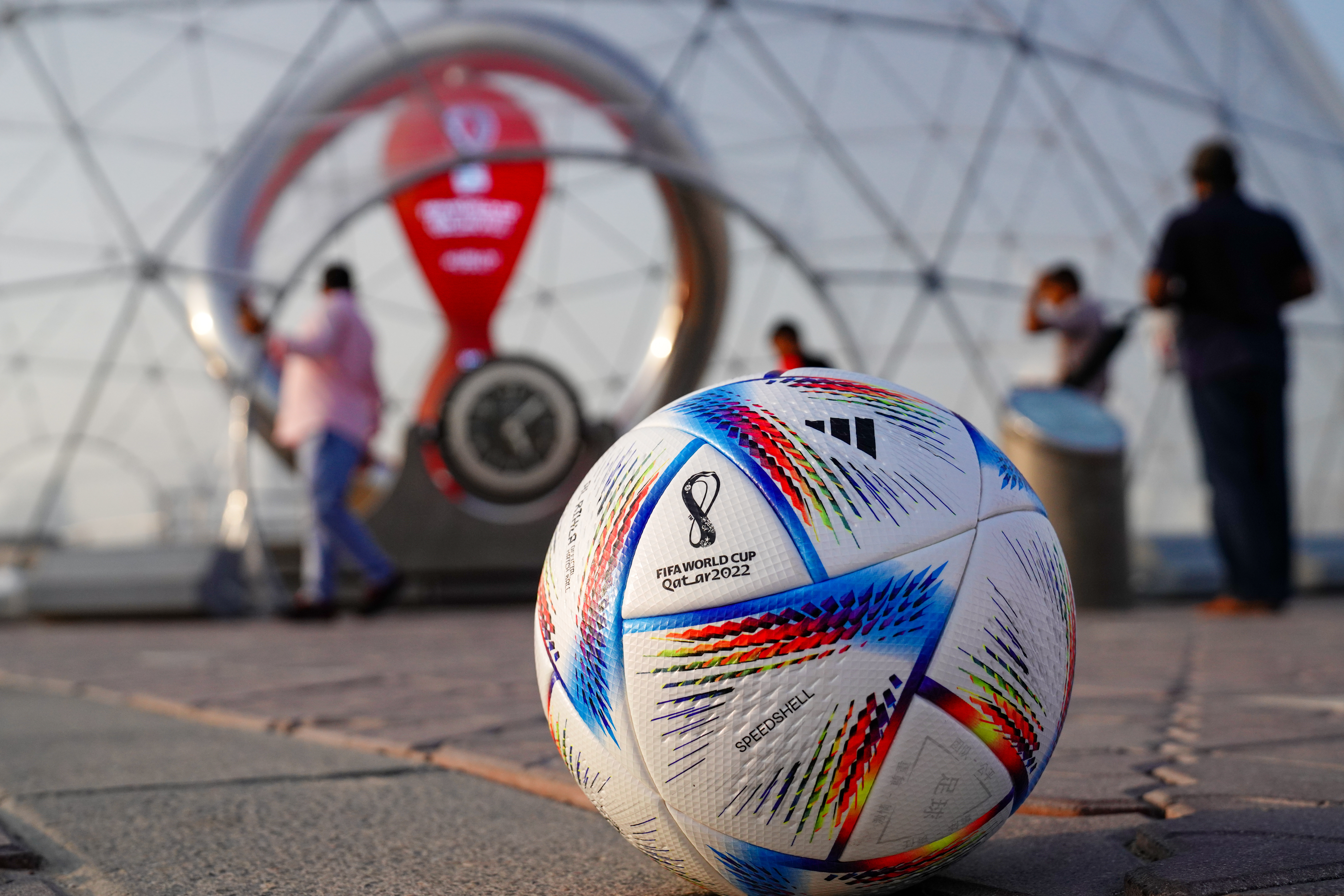 The official ball for FIFA World Cup Qatar 2022 in in front of the countdown clock on Doha's Corniche, Qatar
