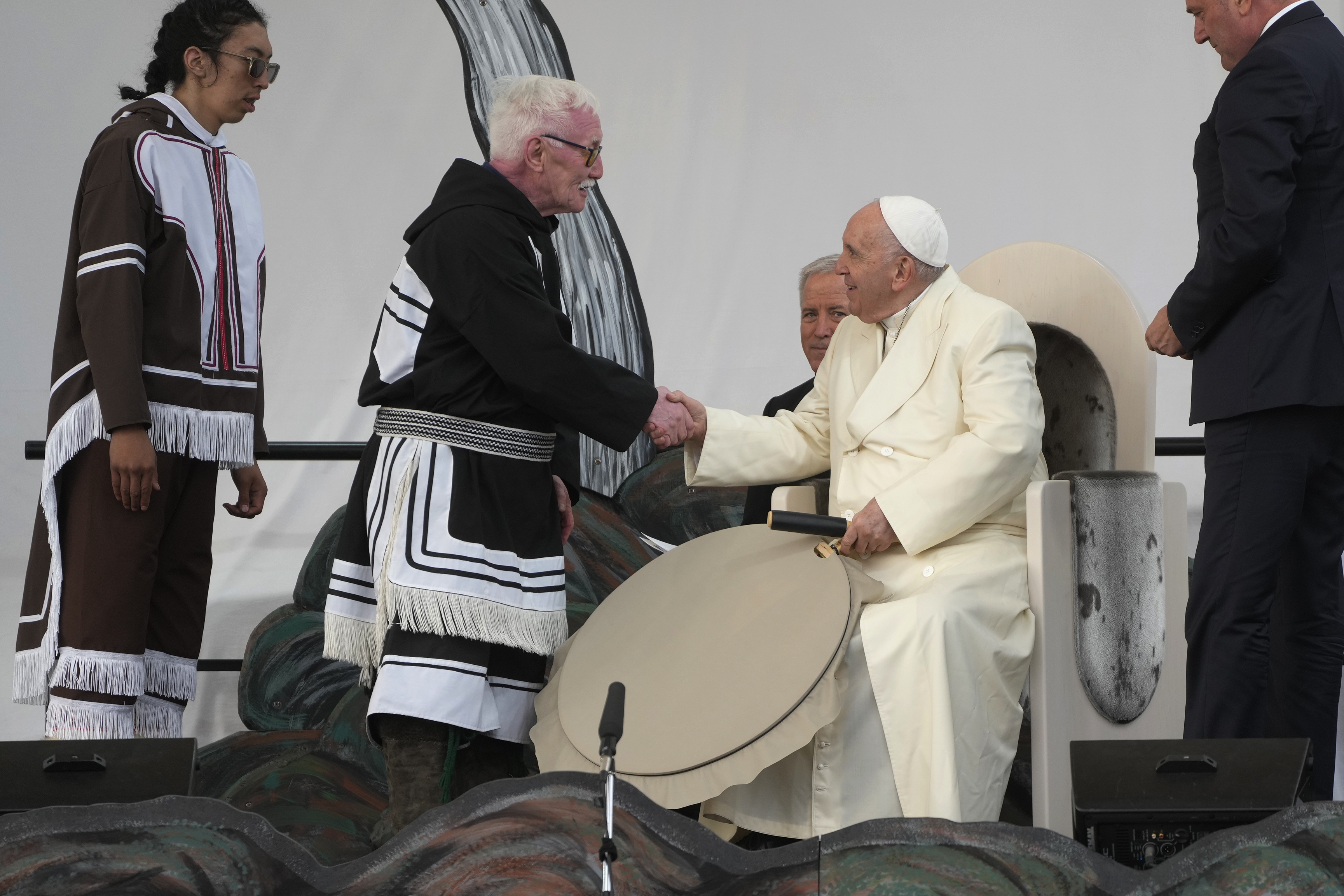 Pope Francis meets young people and elders at Nakasuk Elementary School Square in Iqaluit, Canada, Friday, July 29, 2022.