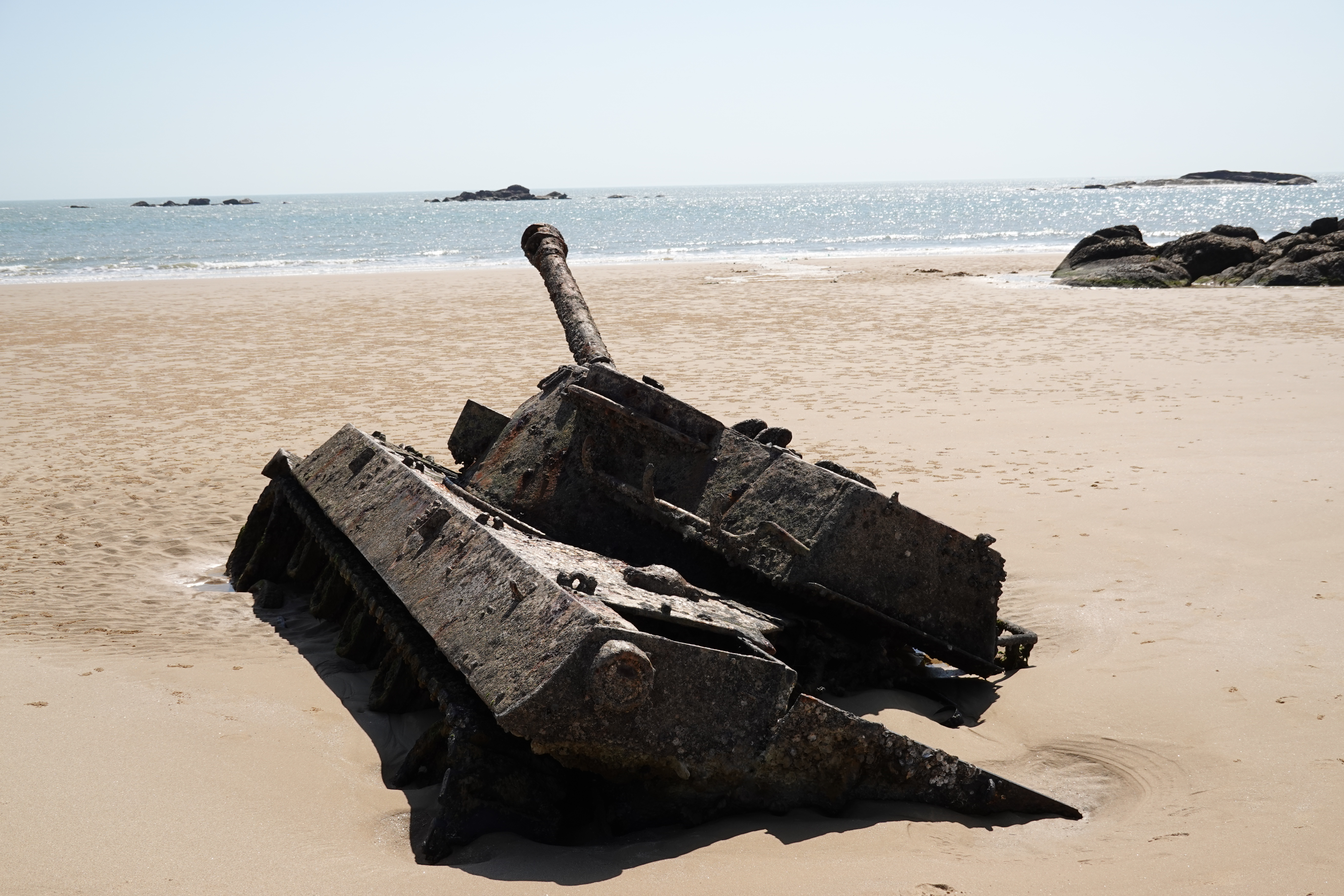 An American-made Taiwanese tank abandoned in the sand of a beach on the South coast of Kinmen