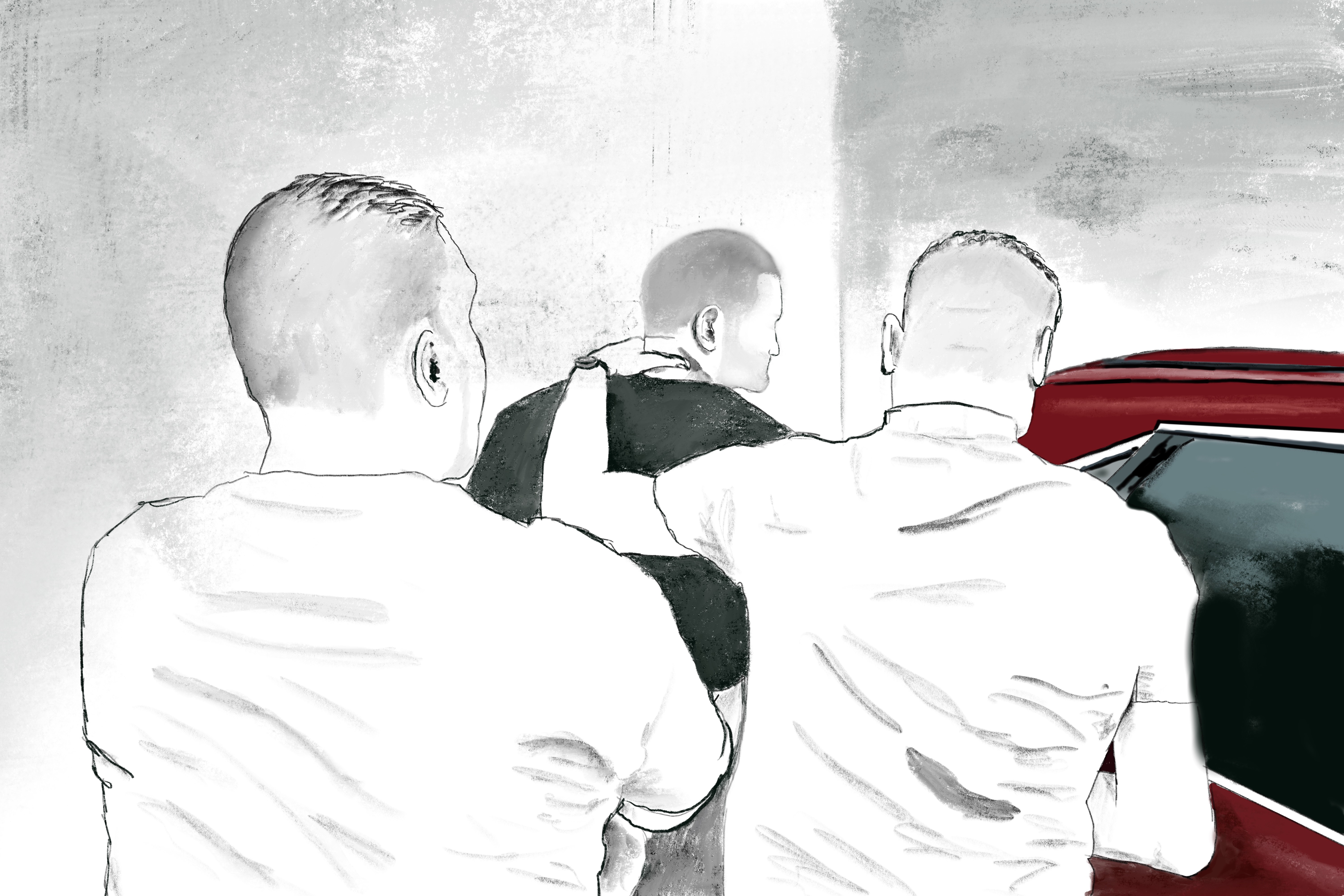 An illustration of two men arresting a man by holding the back of his neck in a car.