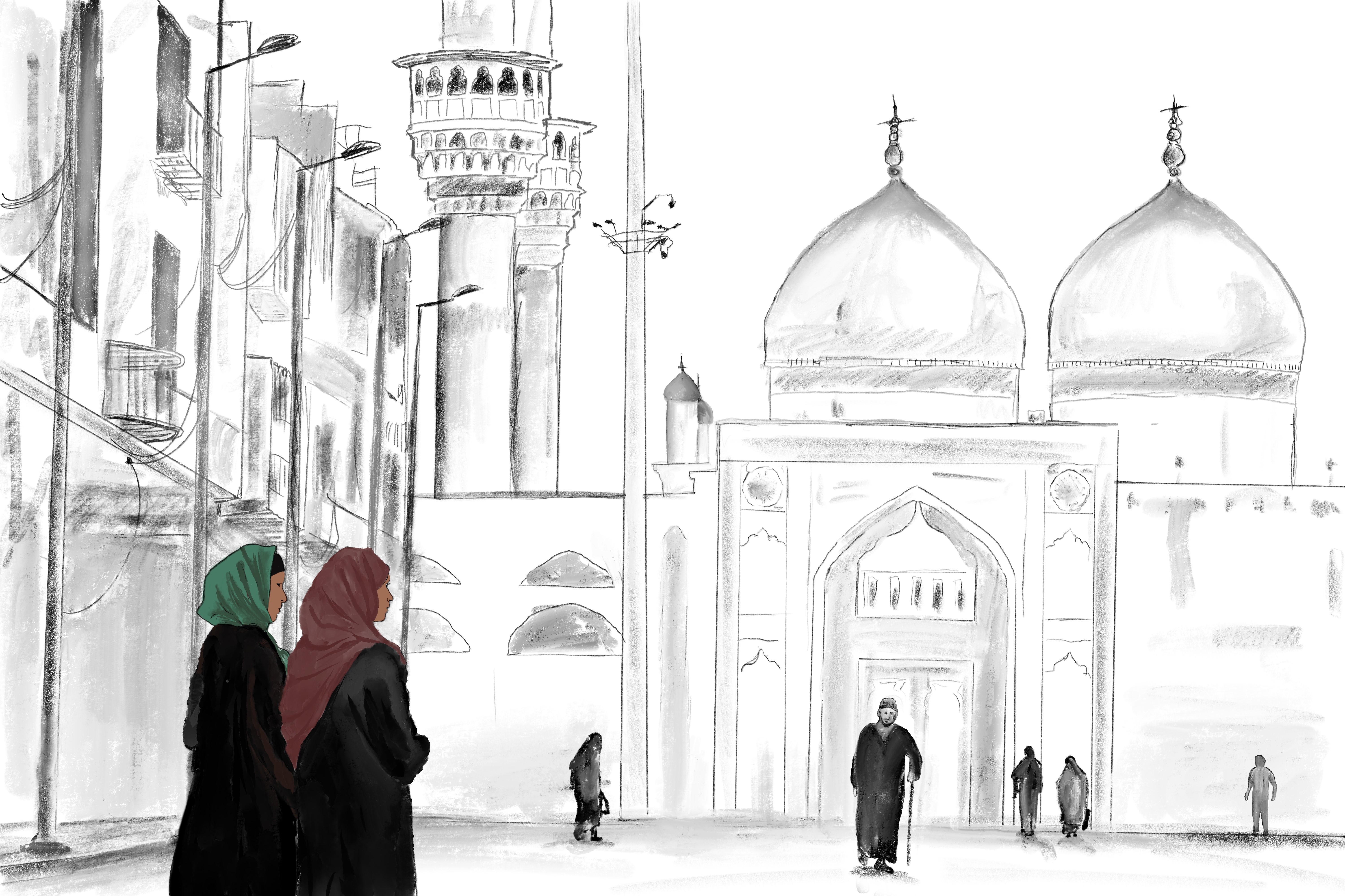 An illustration of two women walking into a mosque.