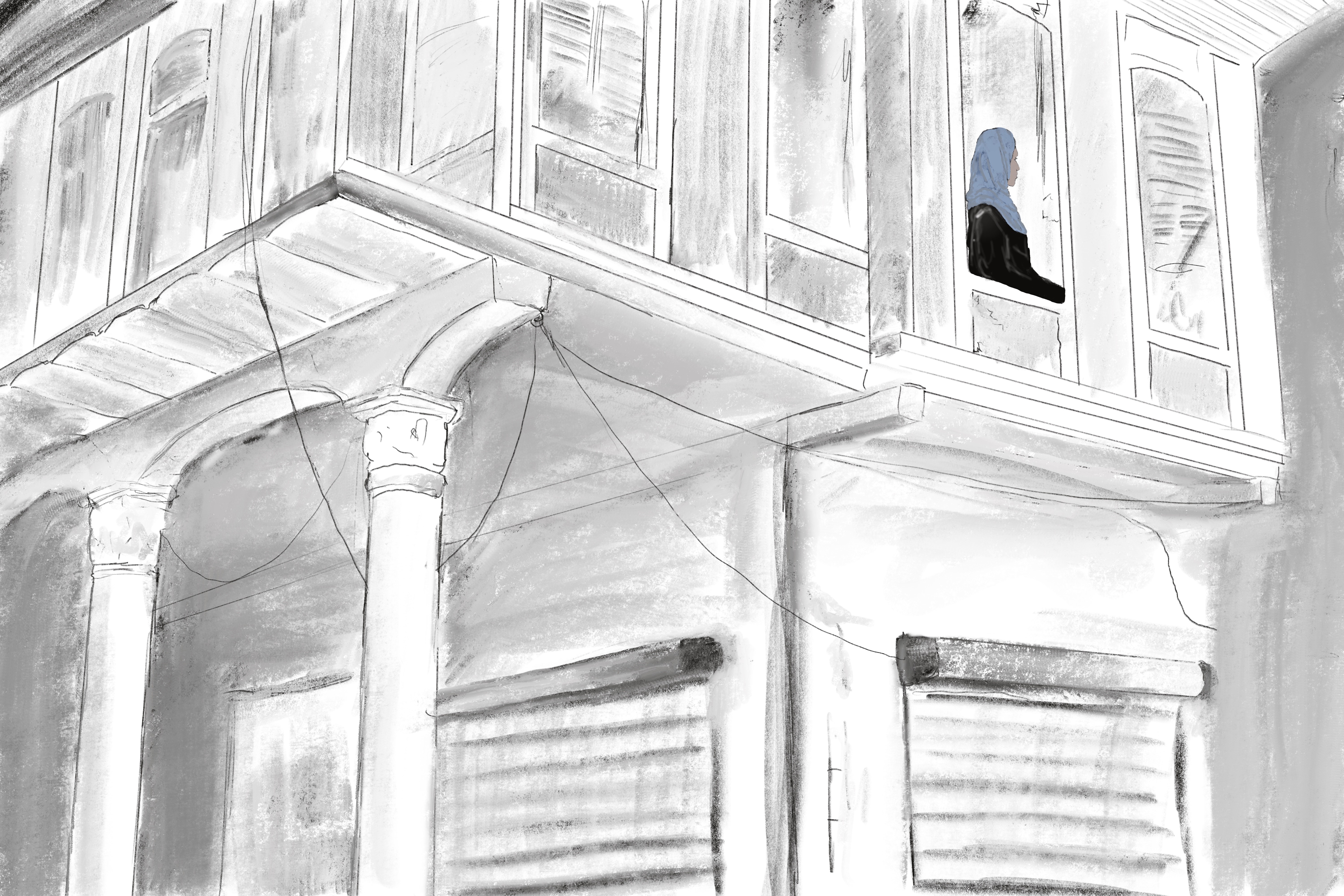 An illustration of a building with a woman looking looking outside on a second floor window.
