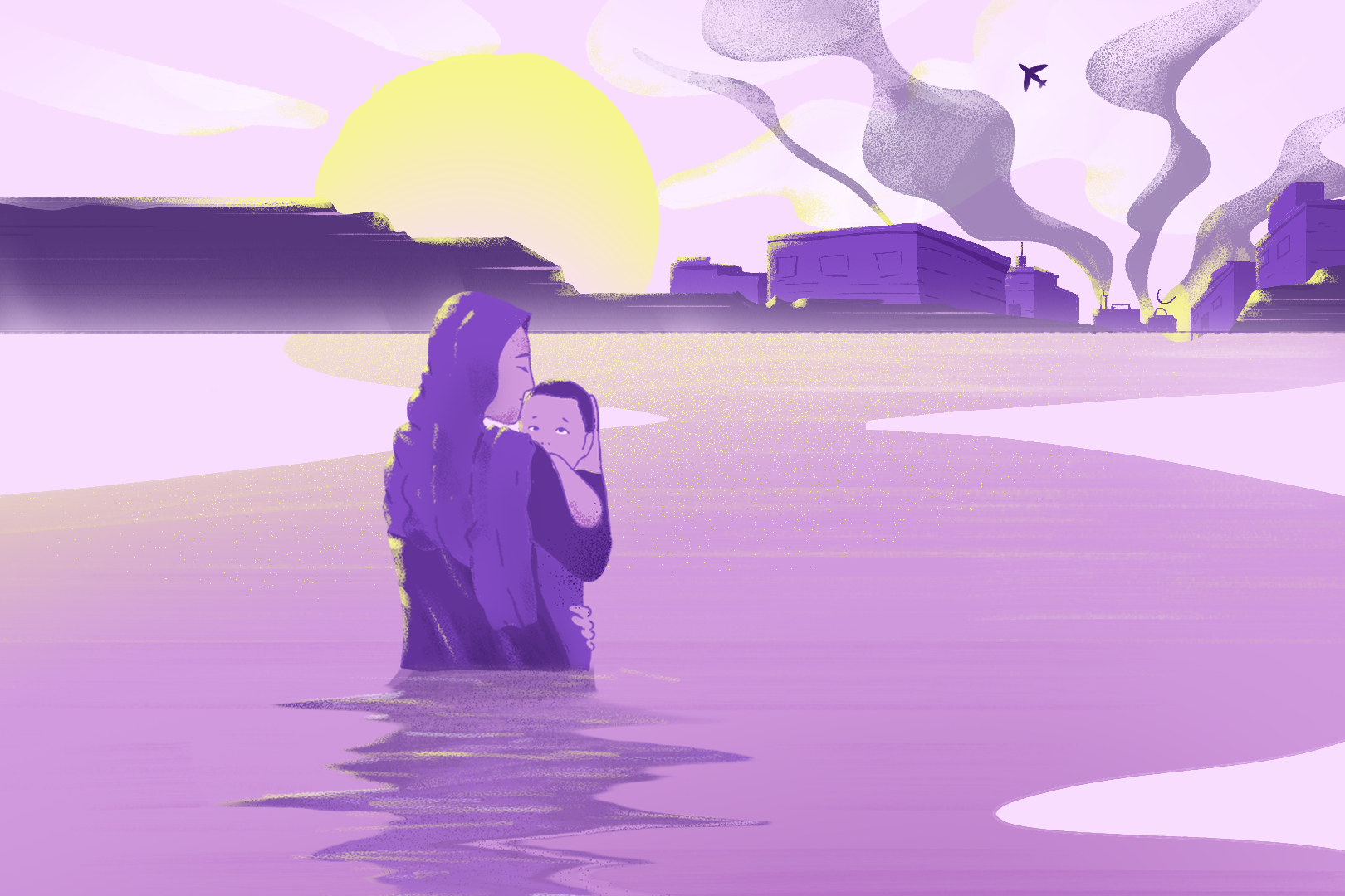 Illustration of a mother holding her child as the Taliban takes over Kabul in the background