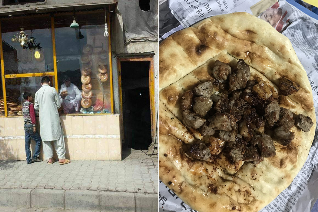 Composite photo of a man and boy buying bread at the window of a bakery on the left, and a newspaper with a naan on it with kebab on top