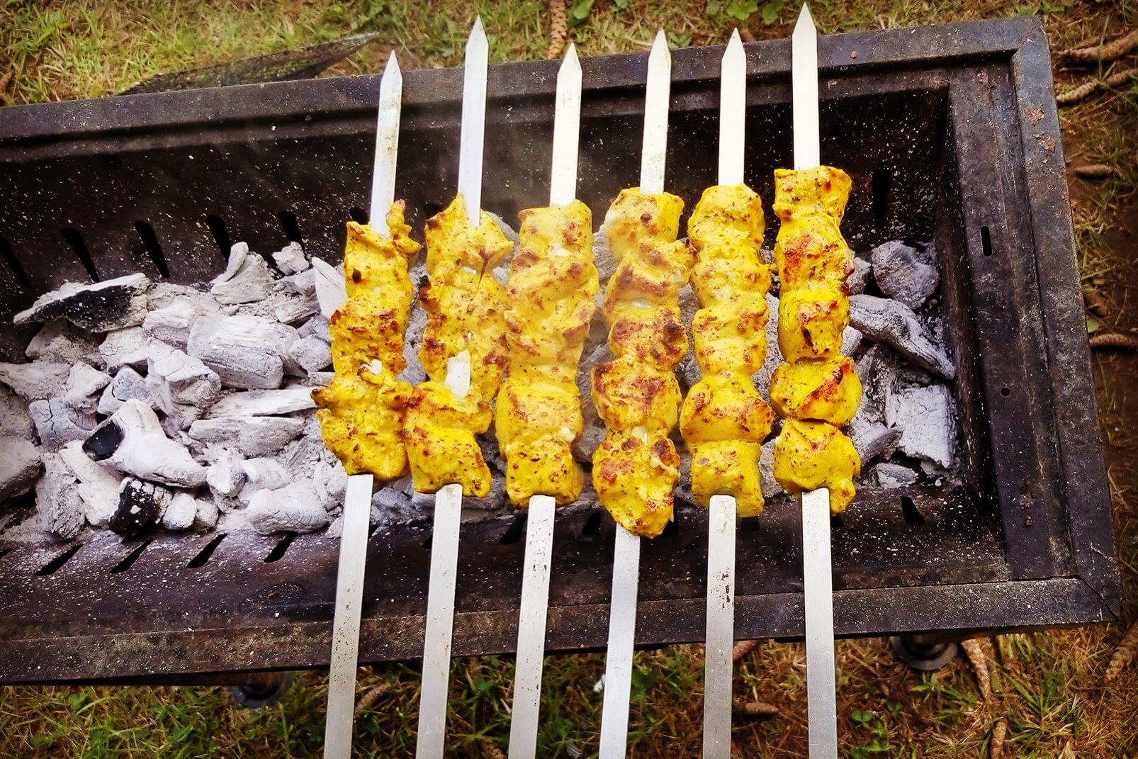 Chicken kebab skewers on a charcoal grill