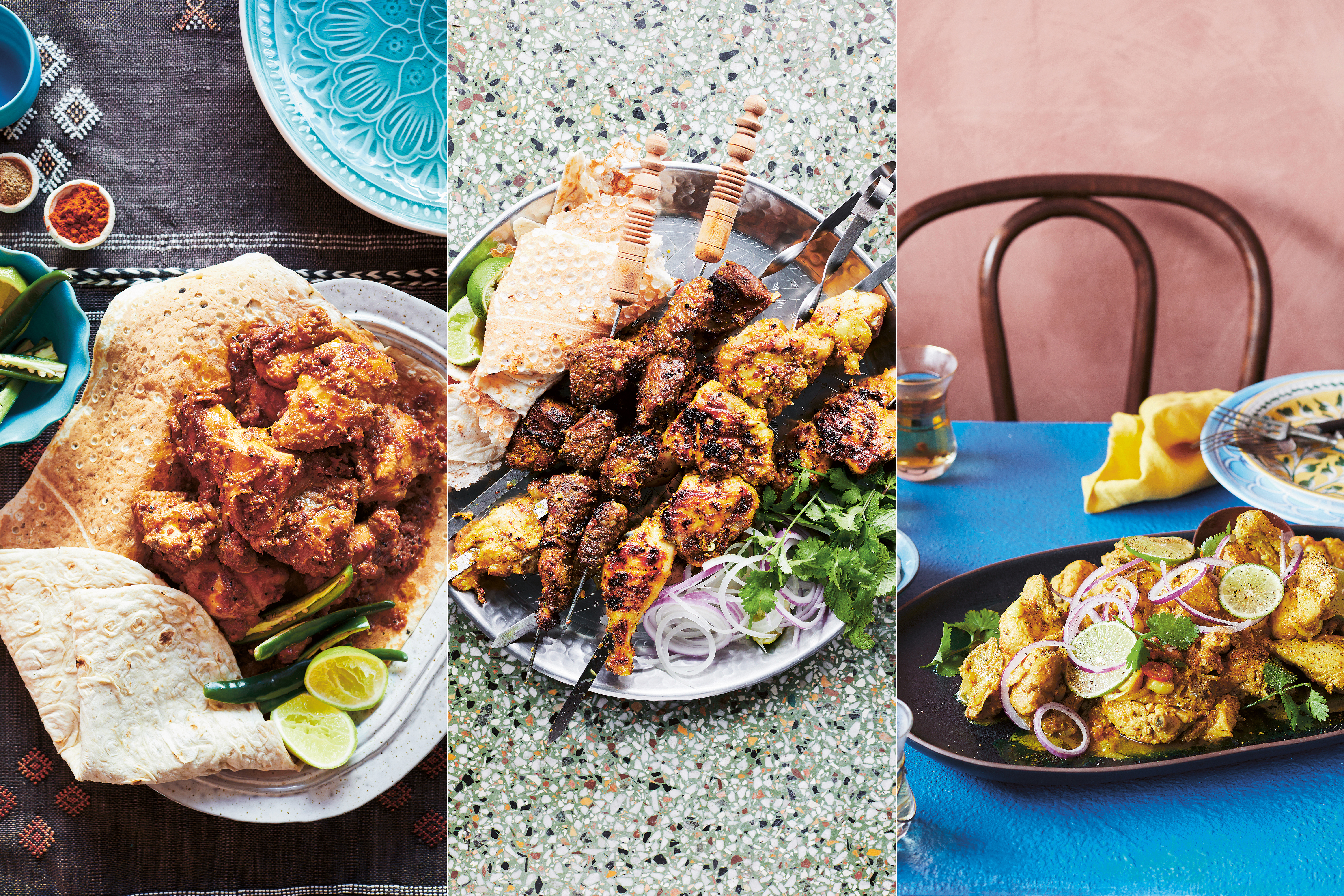 Composite photo with chicken kebab on thin naan the left, skewers of kebab served next to naan in the middle, and soft chicken kebab on the right