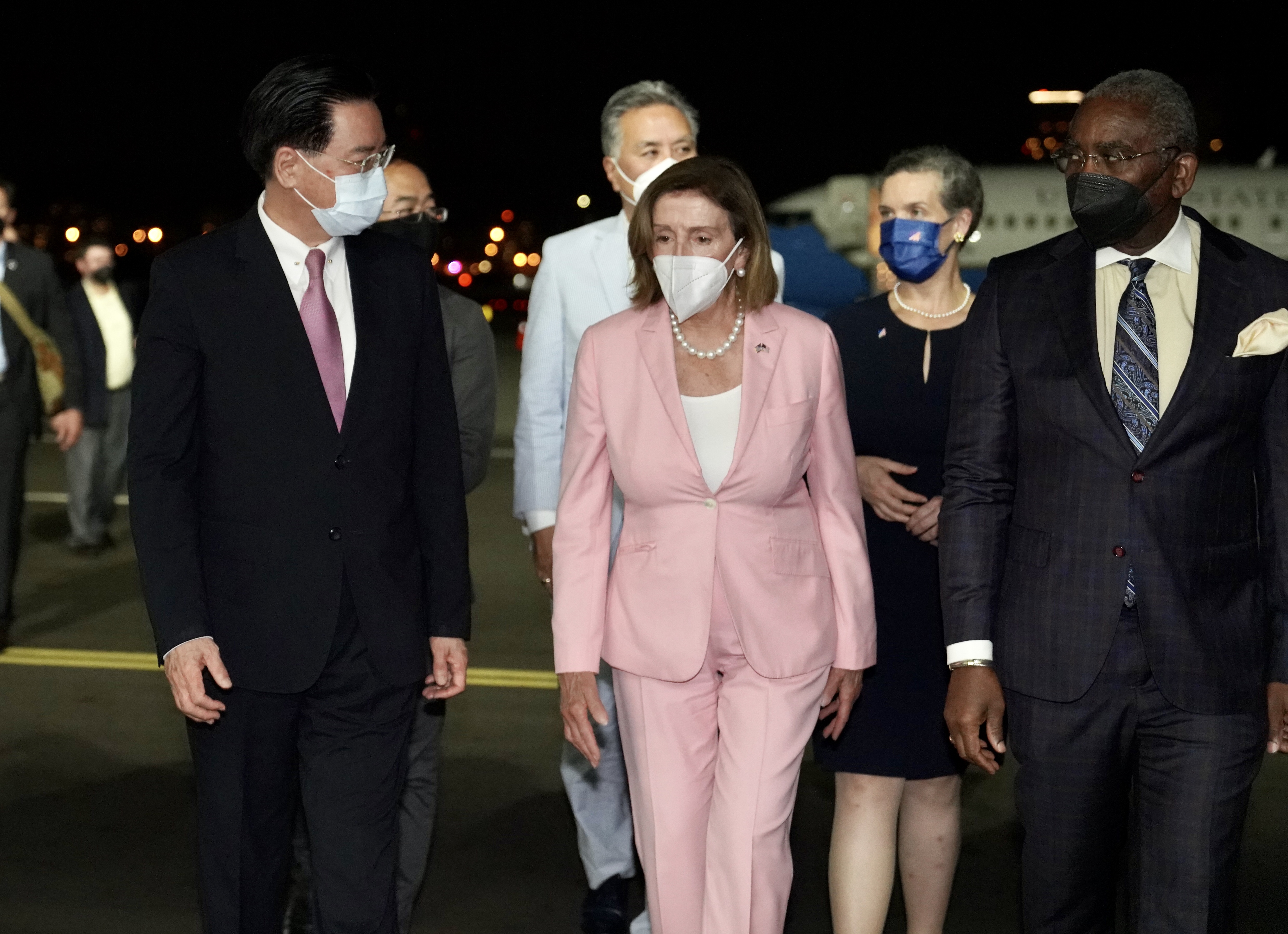 Nancy Pelosi being greeted by Taiwan Foreign Minister Joseph Wu as she arrives in Taipei, Taiwan.