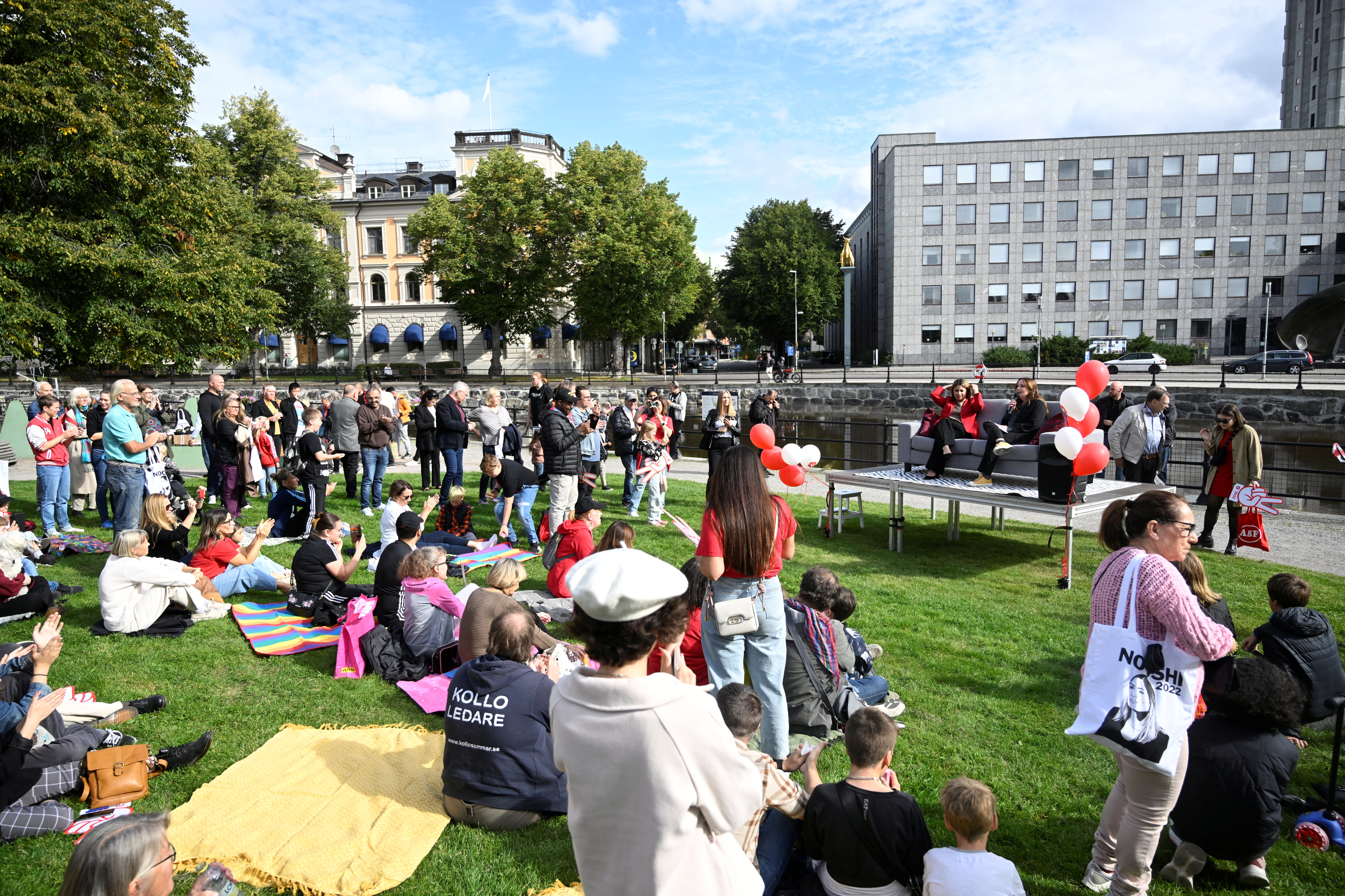 Nooshi Dadgostar, leader of the Left Party addresses people as she campaigns in Vasteras, Sweden