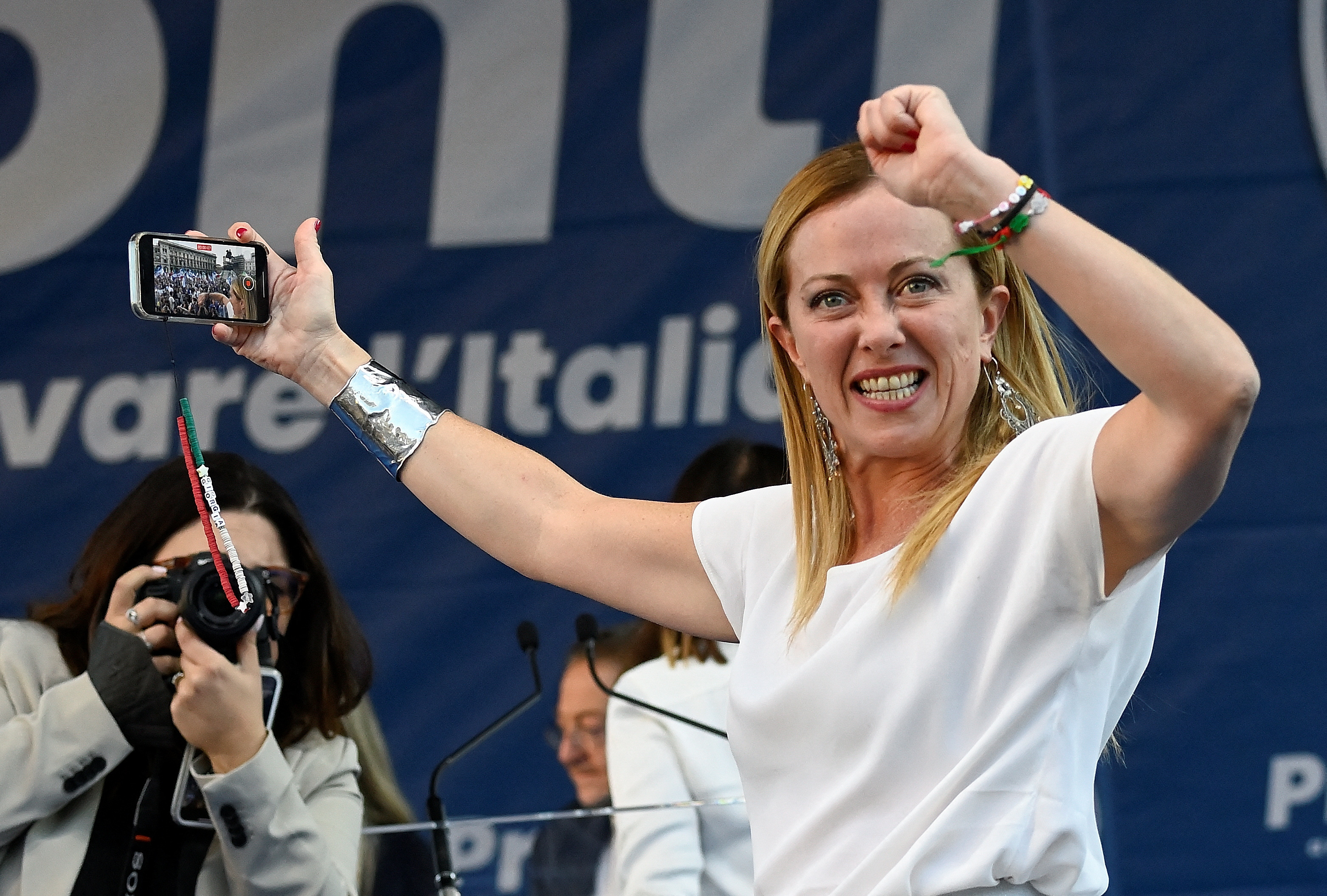 Giorgia Meloni, leader of the far-right Brothers of Italy party, attends a rally in Duomo square ahead of the Sept. 25 snap election, in Milan, Italy