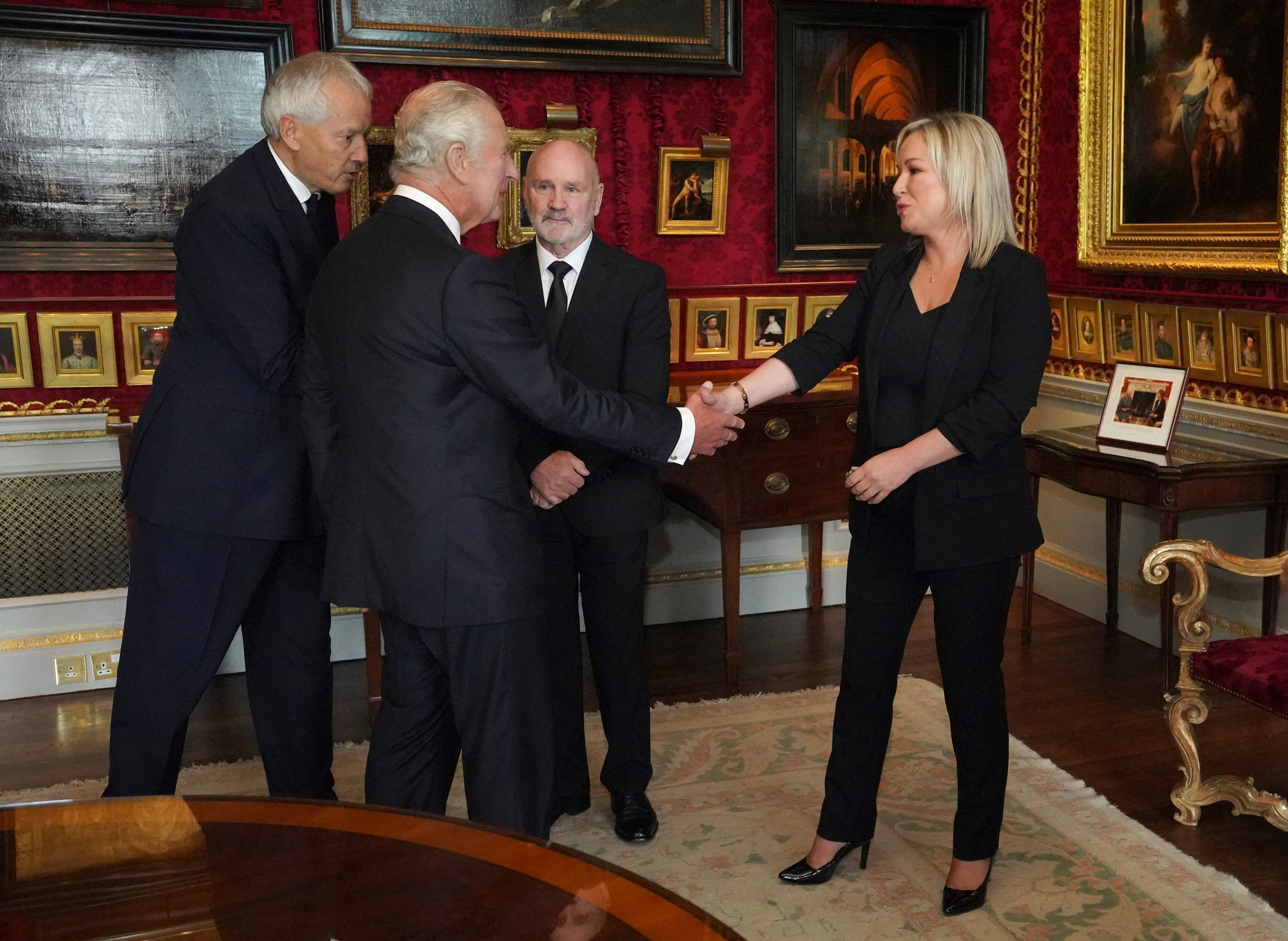 King Charles III meeting Northern Ireland Assembly Speaker Alex Maskey and Sinn Fein Vice President Michelle O'Neill at Hillsborough Castle,
