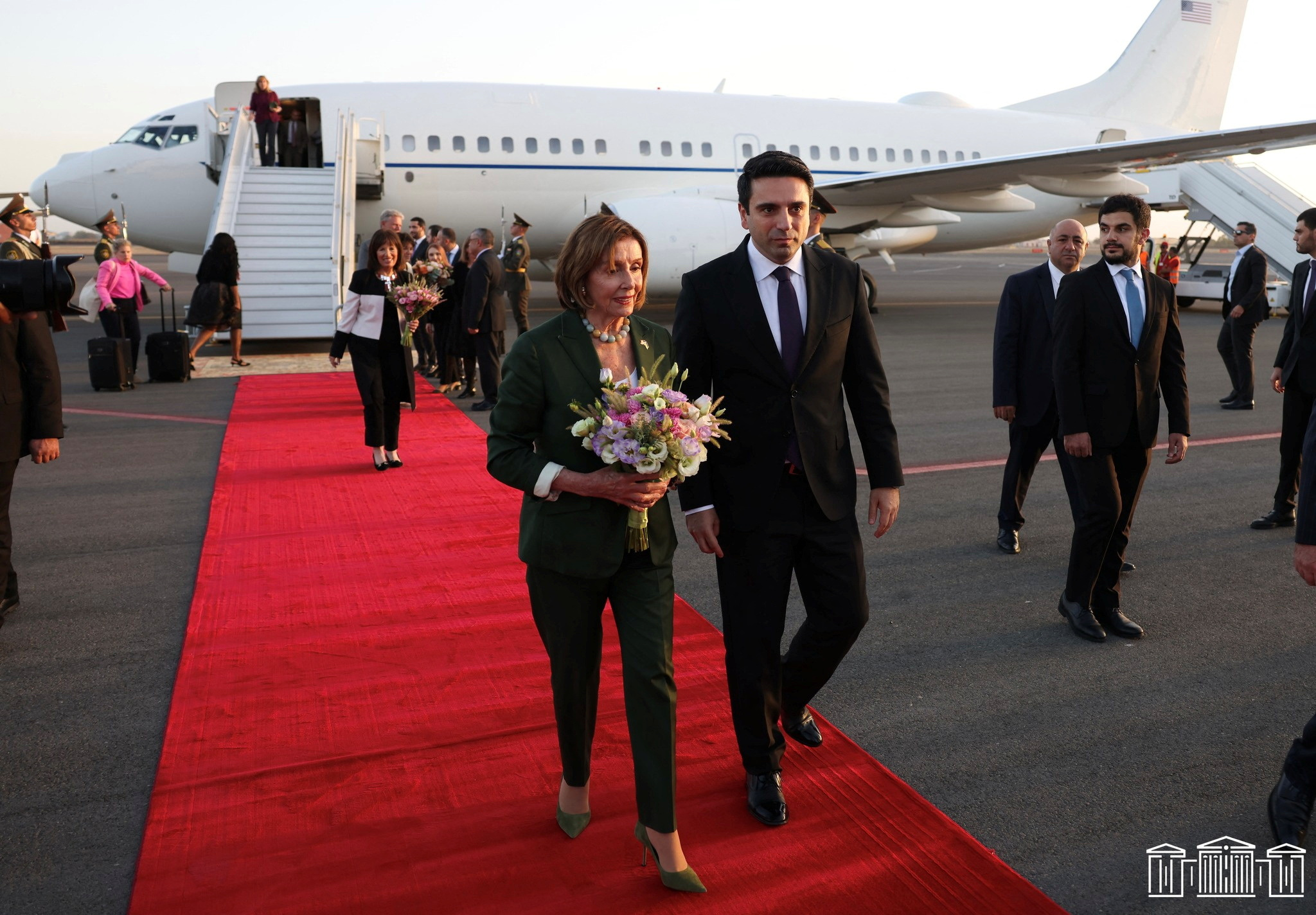 U.S. House of Representatives Speaker Nancy Pelosi is welcomed by Speaker of the National Assembly of Armenia Alen Simonyan upon her arrival in Yerevan, Armenia September 17, 2022.