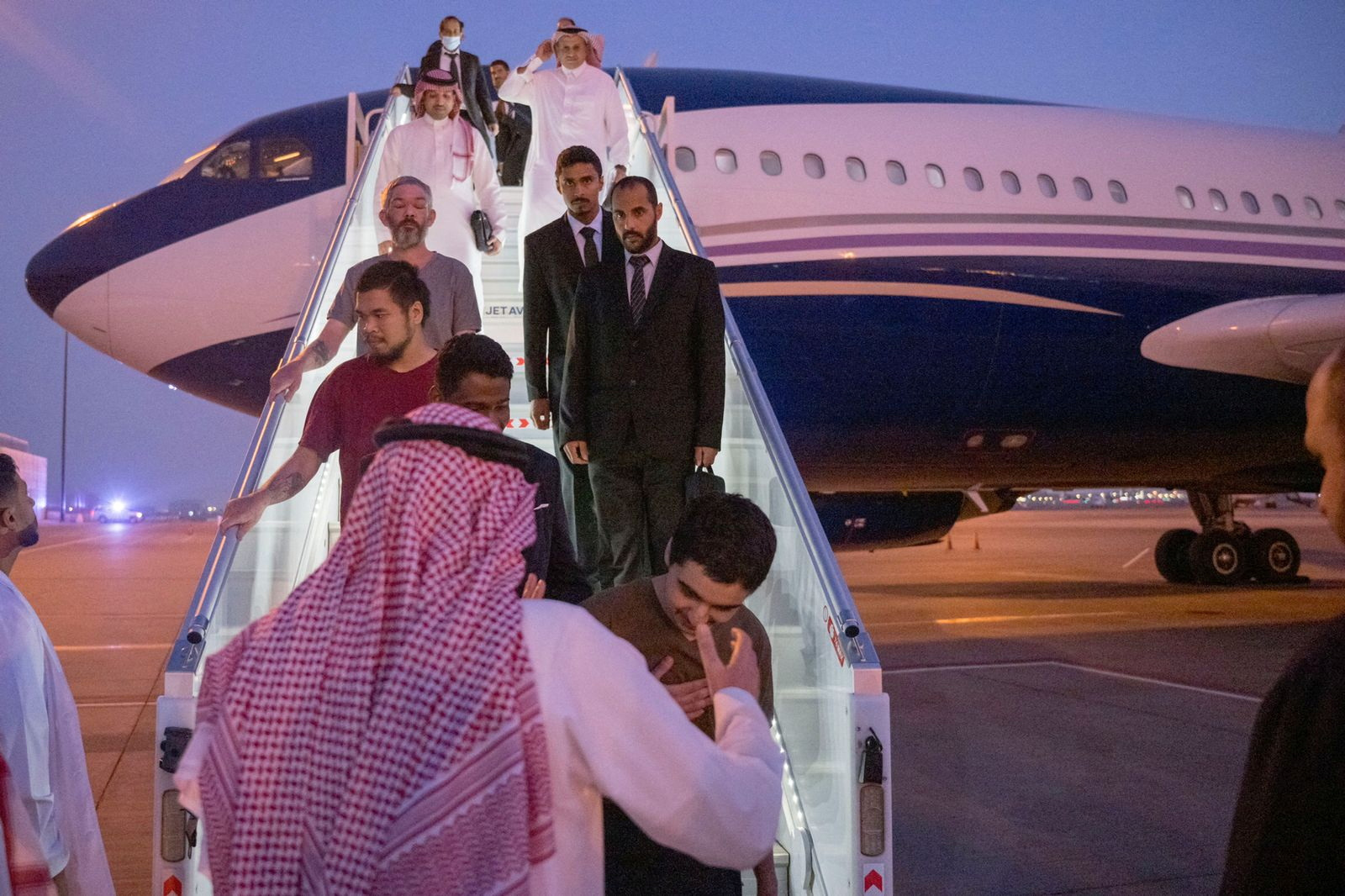 Prisoners of war are seen arriving in Riyadh, Saudi Arabia.